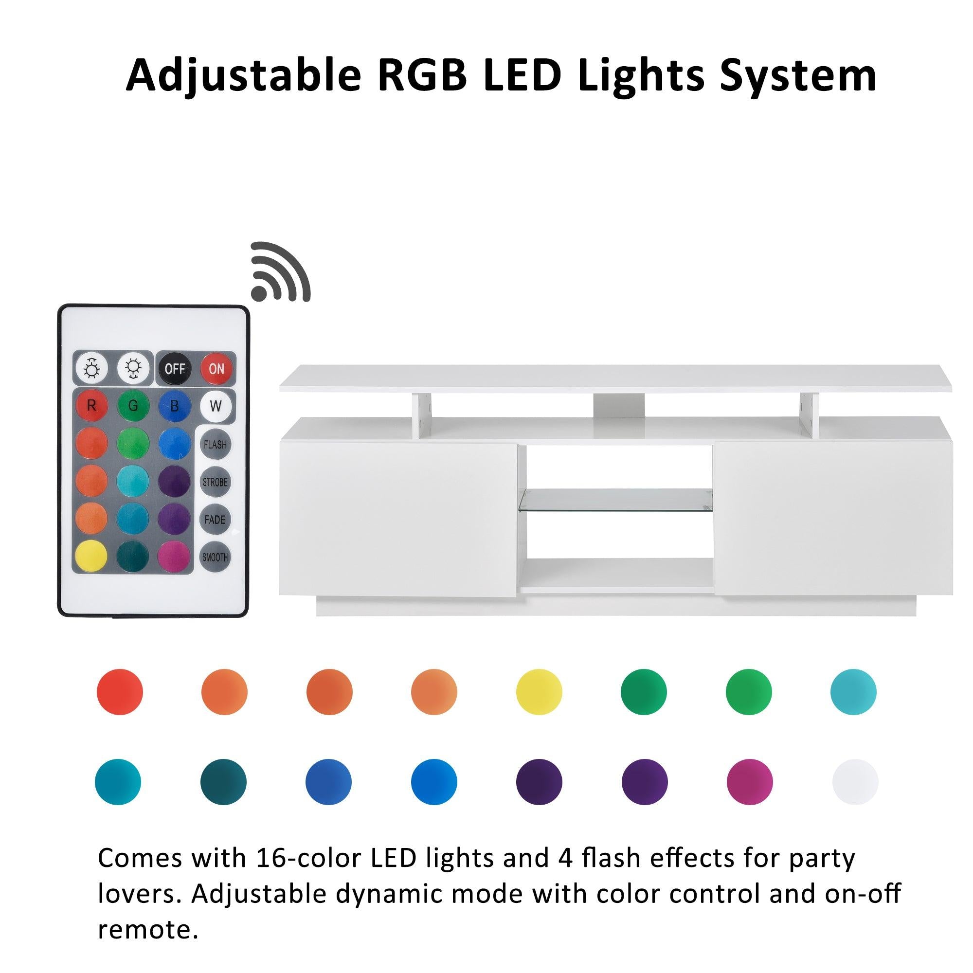 Modern TV Stand for TVs up to 65inches with LED lights, 16 Colors, for Livingroom, Bedroom, White