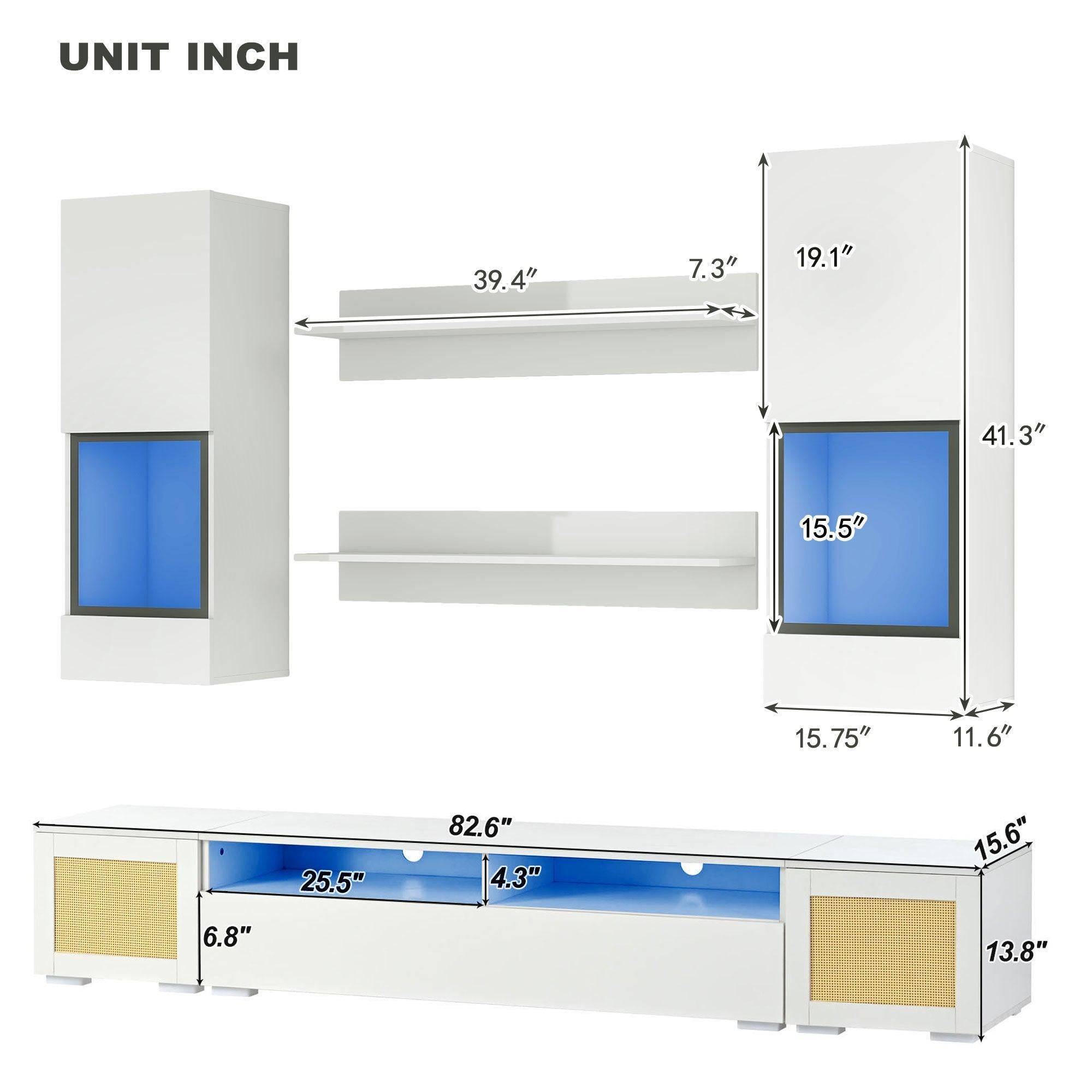 Extended, Rattan Style Entertainment Center, 7 Pieces Floating TV Console Table for TVs Up to 90”, High Gloss Wall Mounted TV Stand with Color Changing LED Lights for Home Theatre, White.