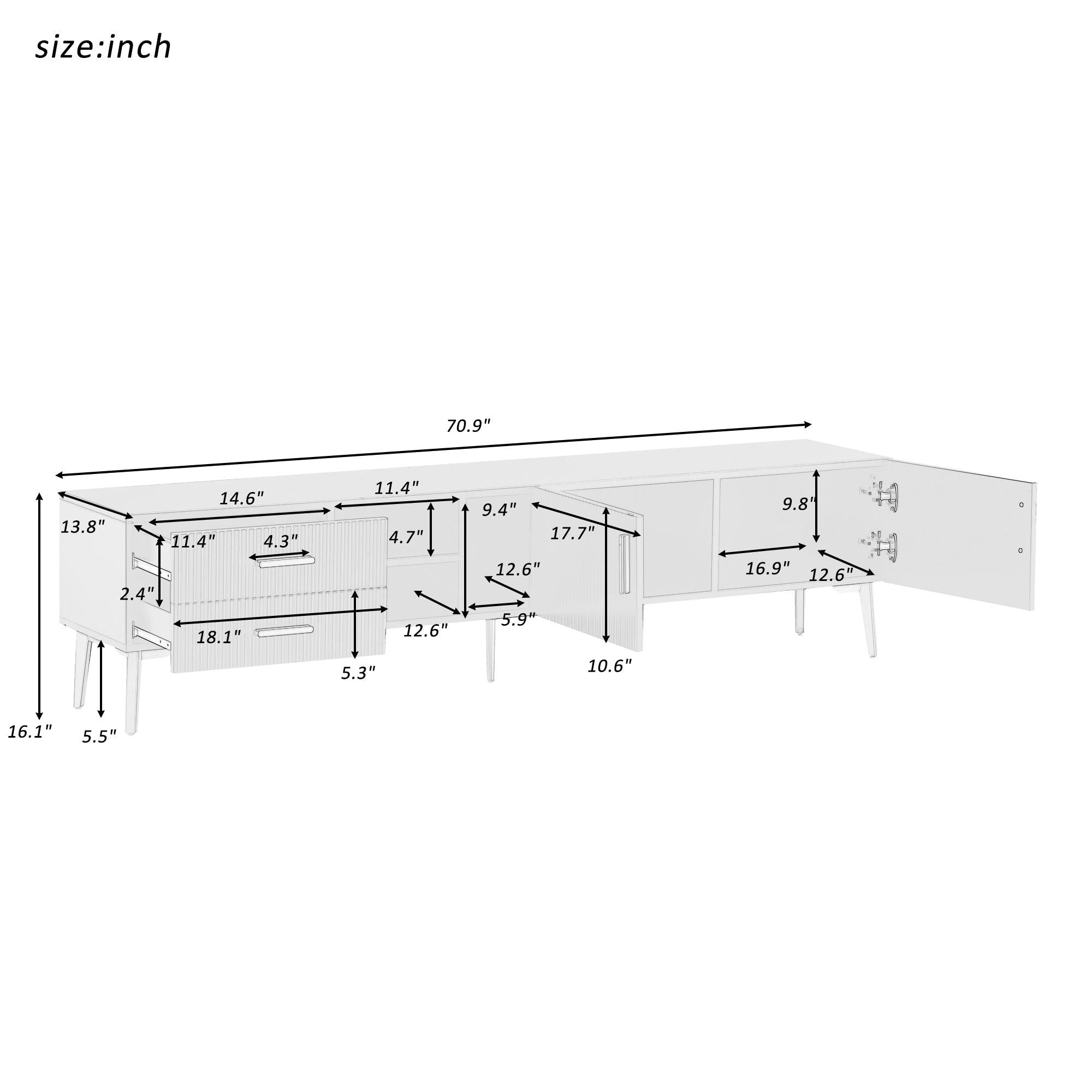 Modern TV Stand with 5 Champagne legs - Durable, stylish, spacious, versatileStorage TVS up to 77" (White)