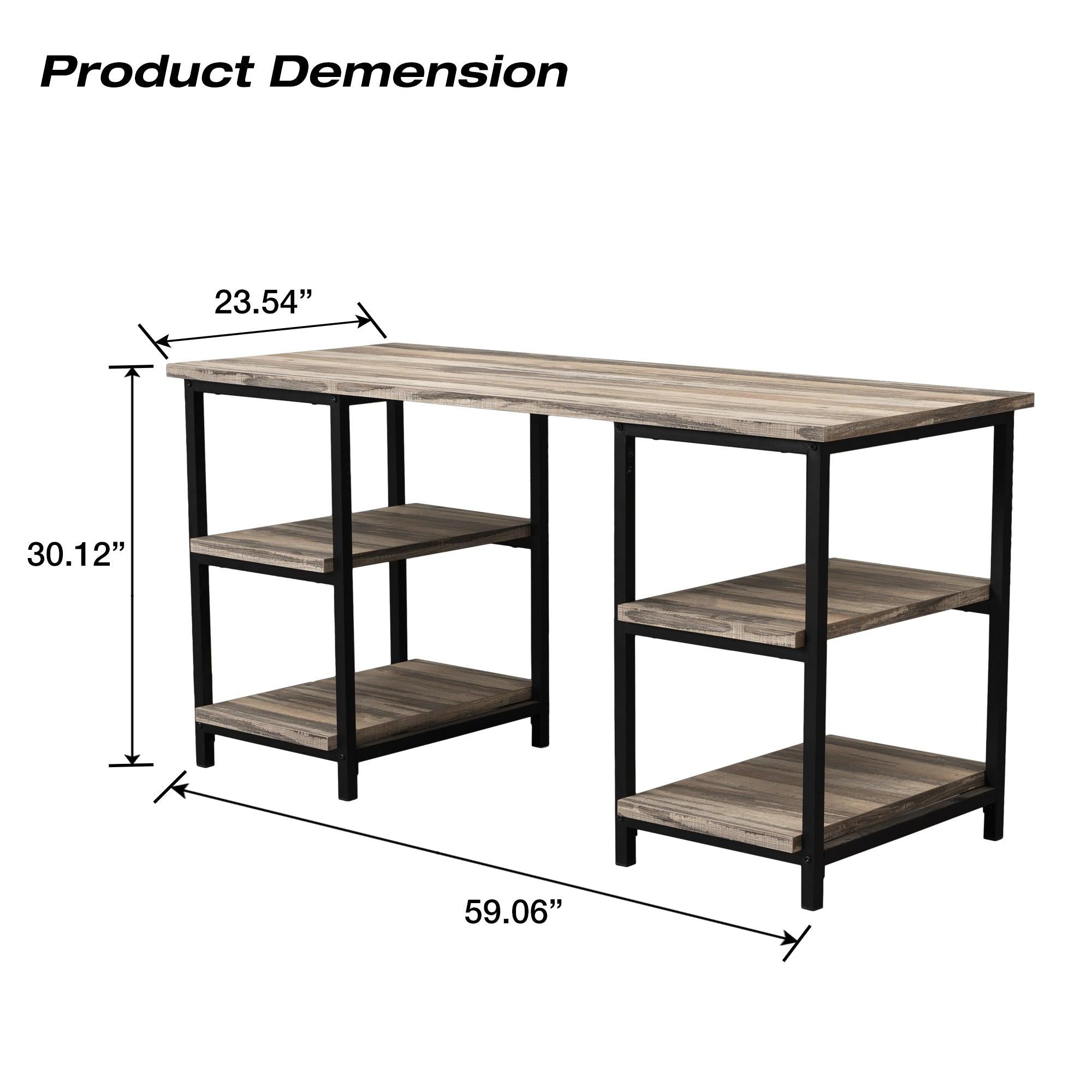 59 Inches Computer Desk Trestle Desk with Both Side 2-Tier Shelves,Modern Simple Style Study Work Game Desk , Workstation Home Office Table, Rustic Wood Desk