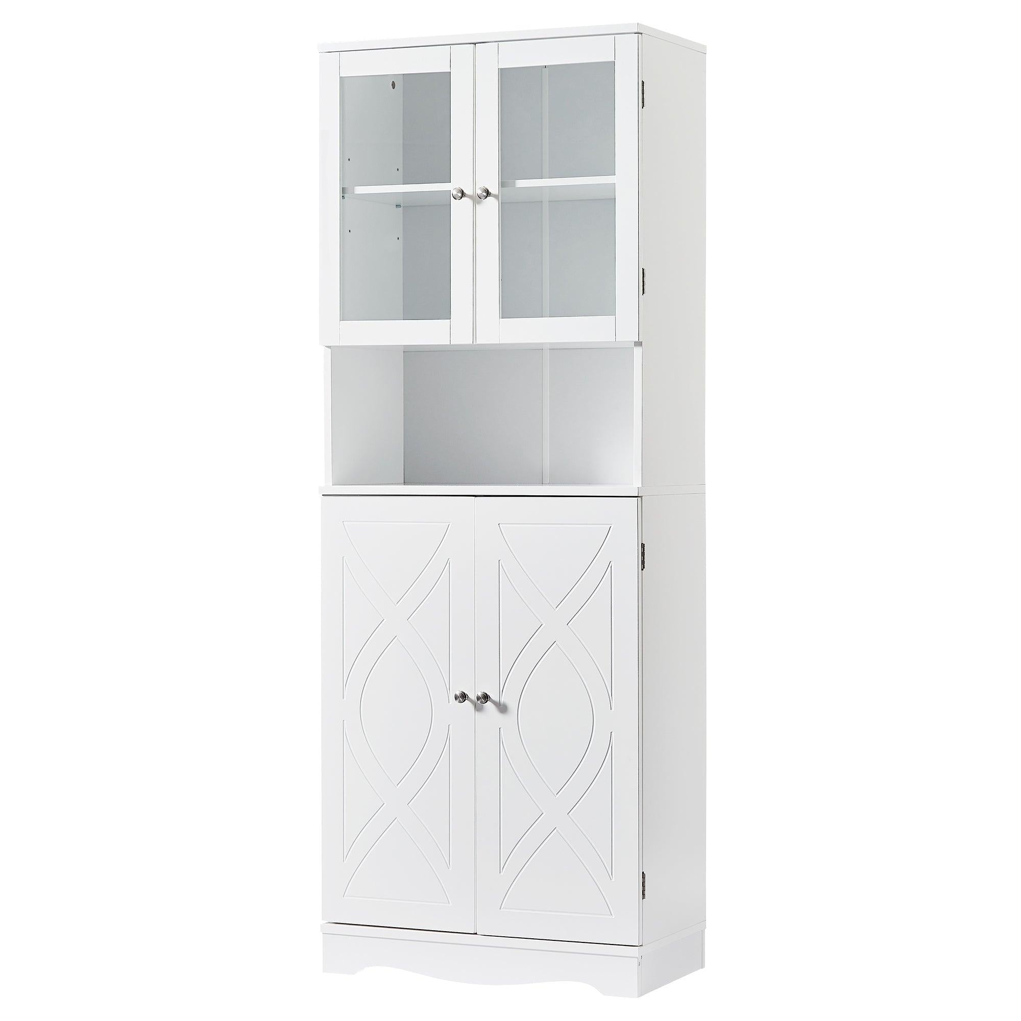 TallStorage Cabinet with Glass Doors for Bathroom/Office, MultipleStorage Space, White