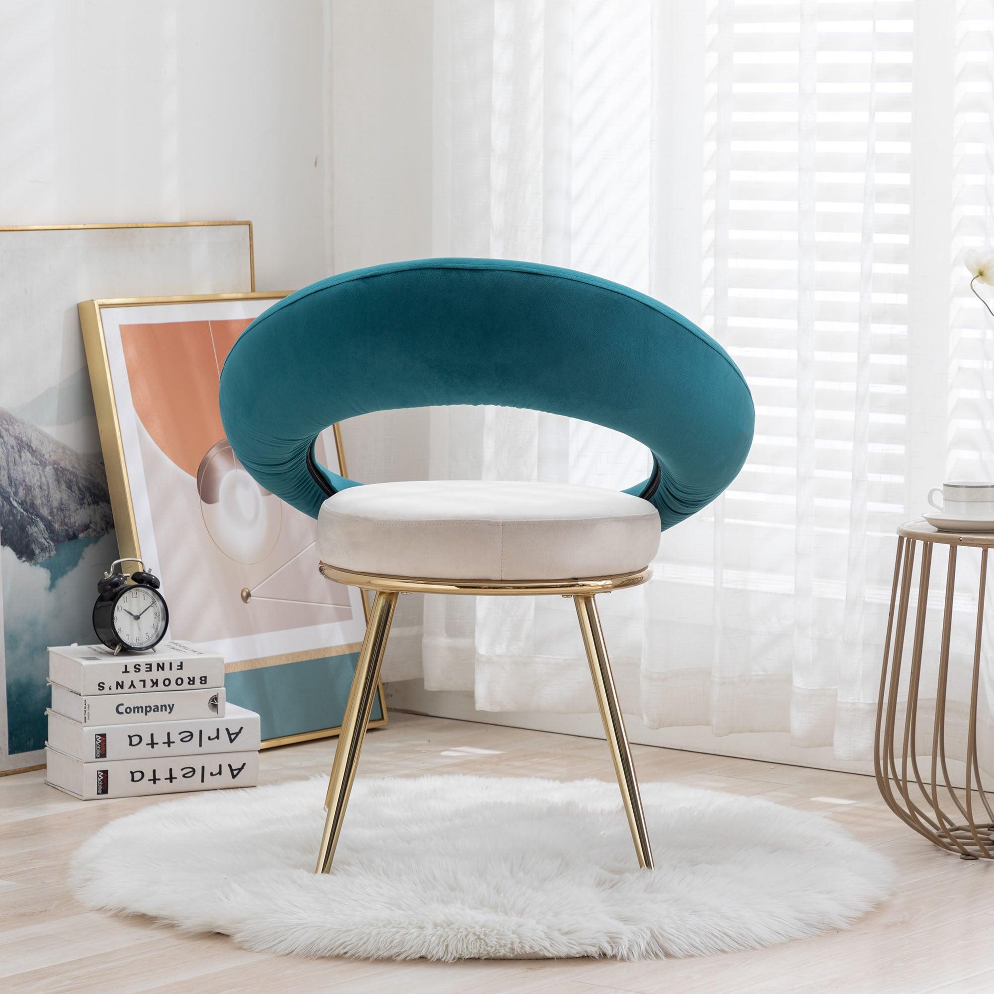 Peacock Blue+Off-White VelvetModern accent/Conversation Lounge Chair With  Gold Plated Legs, unique appearance，Suitable For Office, Lounge, Living Room