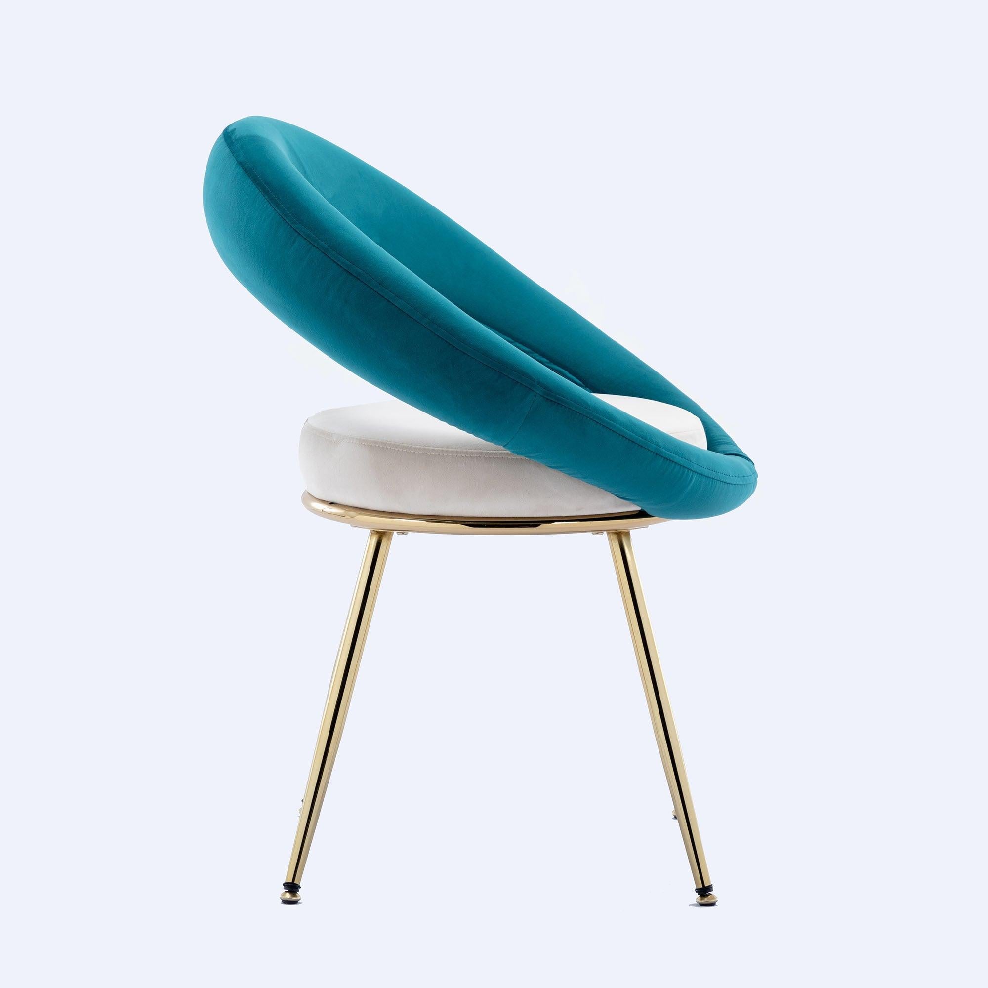 Peacock Blue+Off-White VelvetModern accent/Conversation Lounge Chair With  Gold Plated Legs, unique appearance，Suitable For Office, Lounge, Living Room