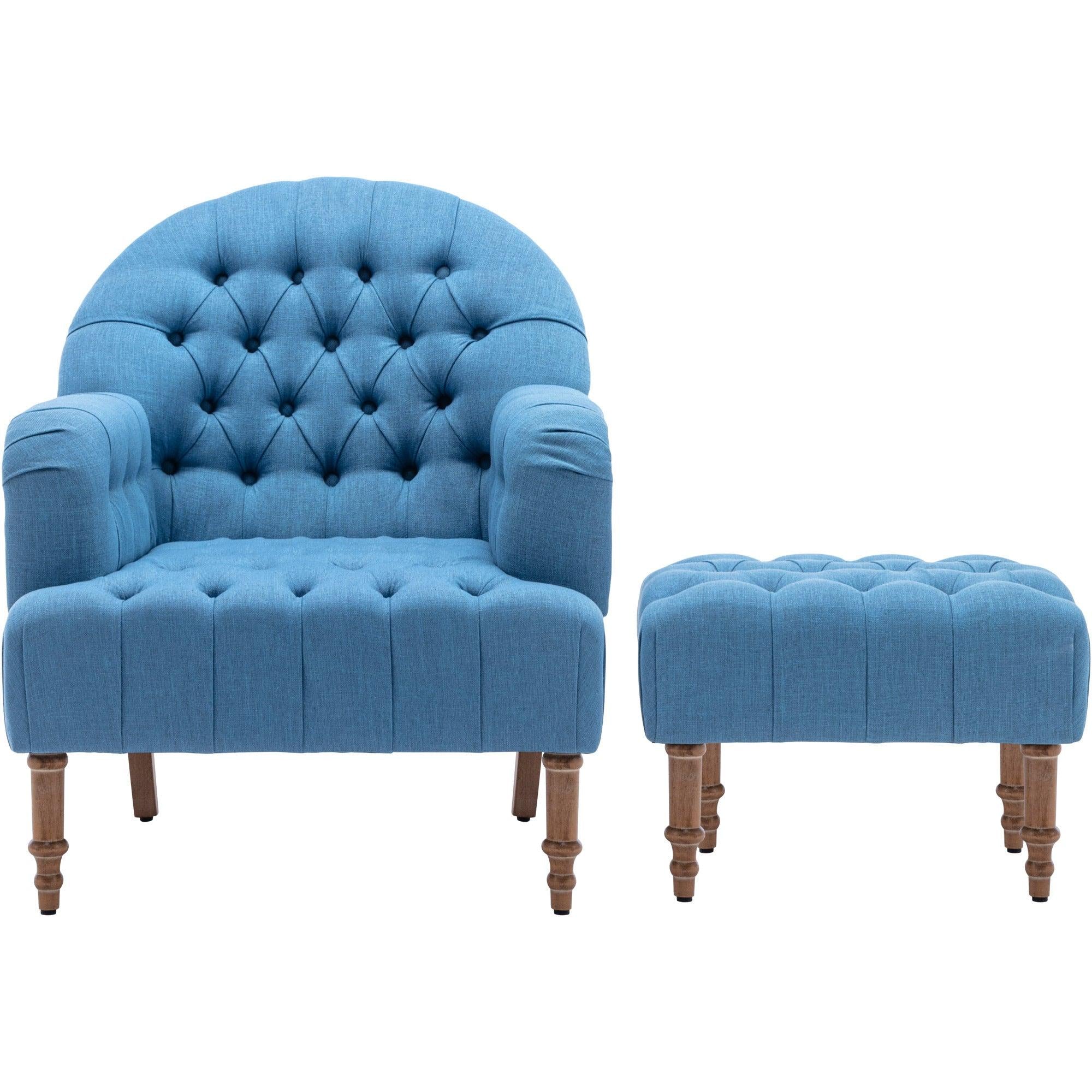 Accent Chair,Button-Tufted Upholstered Chair Set ,Mid CenturyModern Chair with Linen Fabric and Ottoman for Living Room Bedroom Office Lounge,Blue