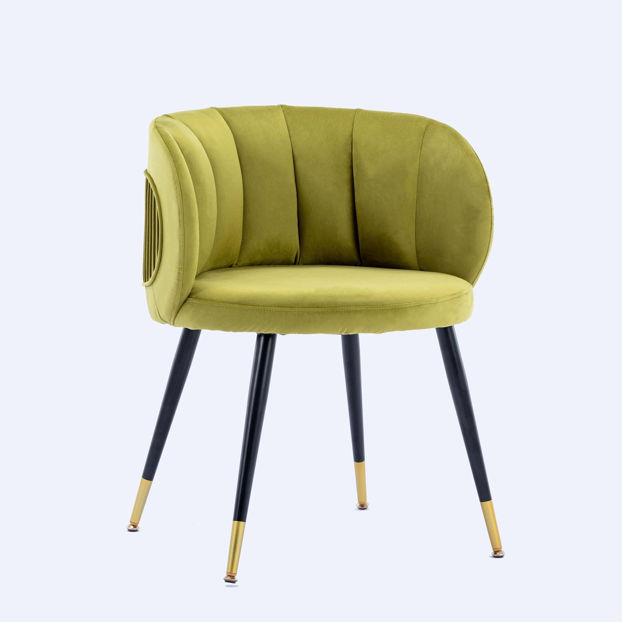 Olive Green Velvet lounge chair, black metal feet, unique back design, suitable for office, living room, bedroom