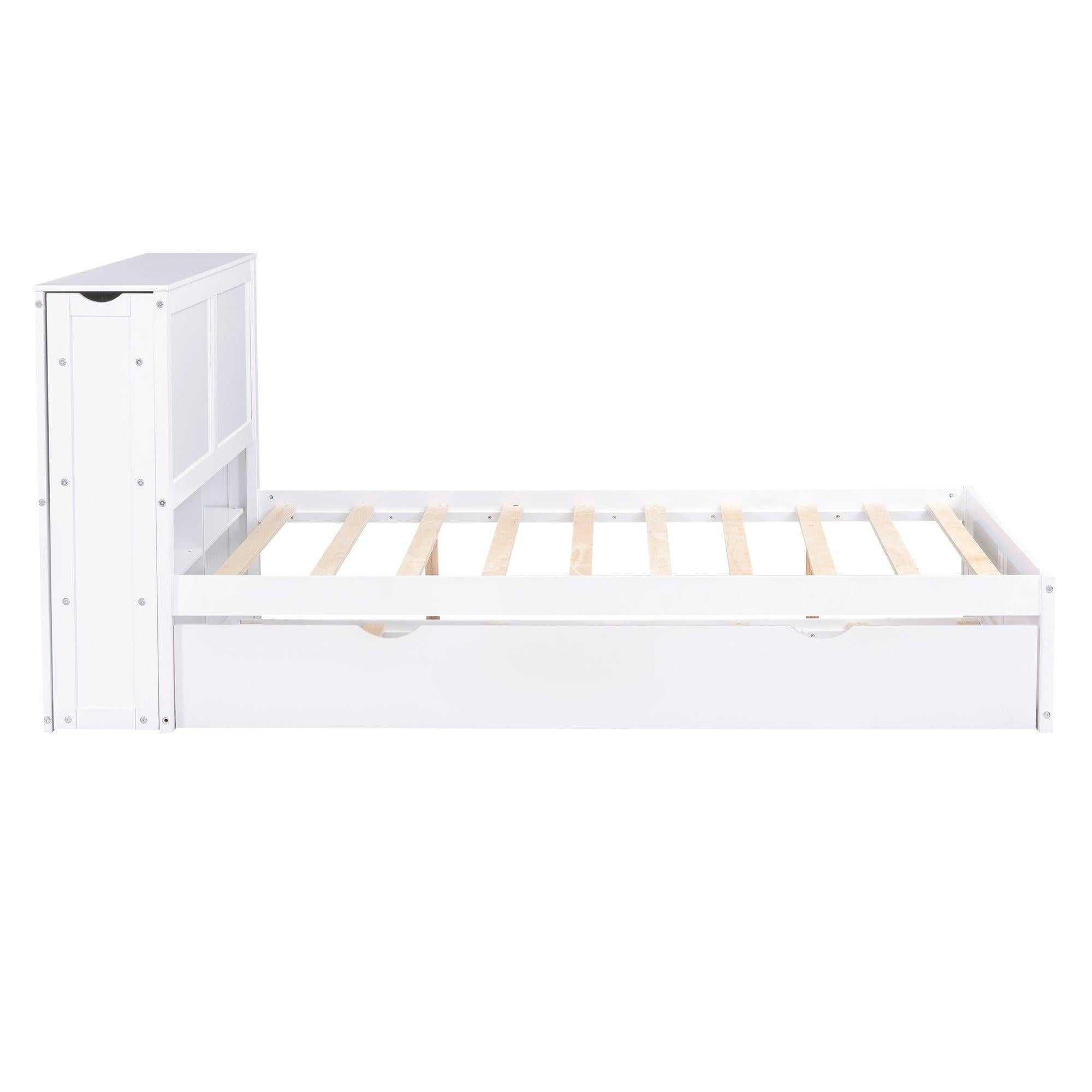 Full SizeStorage Platform Bed with Pull Out Shelves and Twin Size Trundle, White