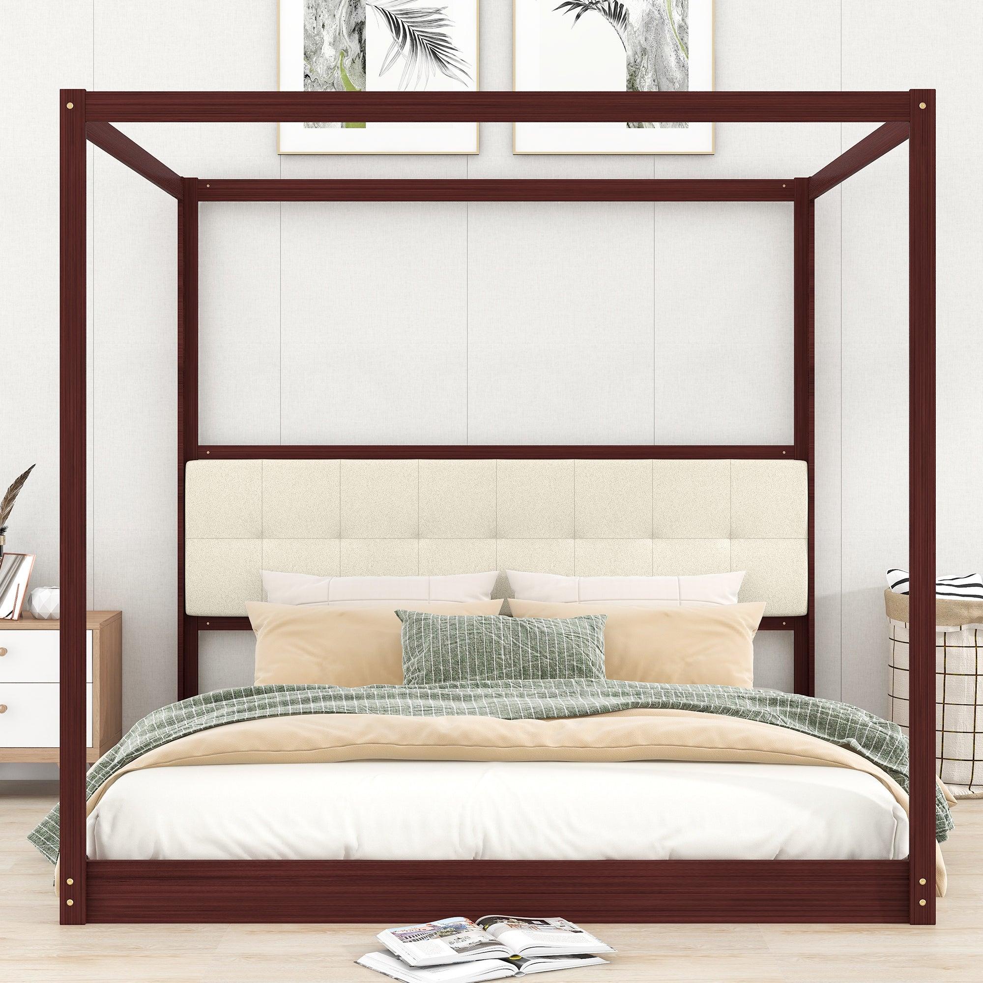 King Size Wooden Canopy Platform Bed with Upholstered Headboard,Espresso