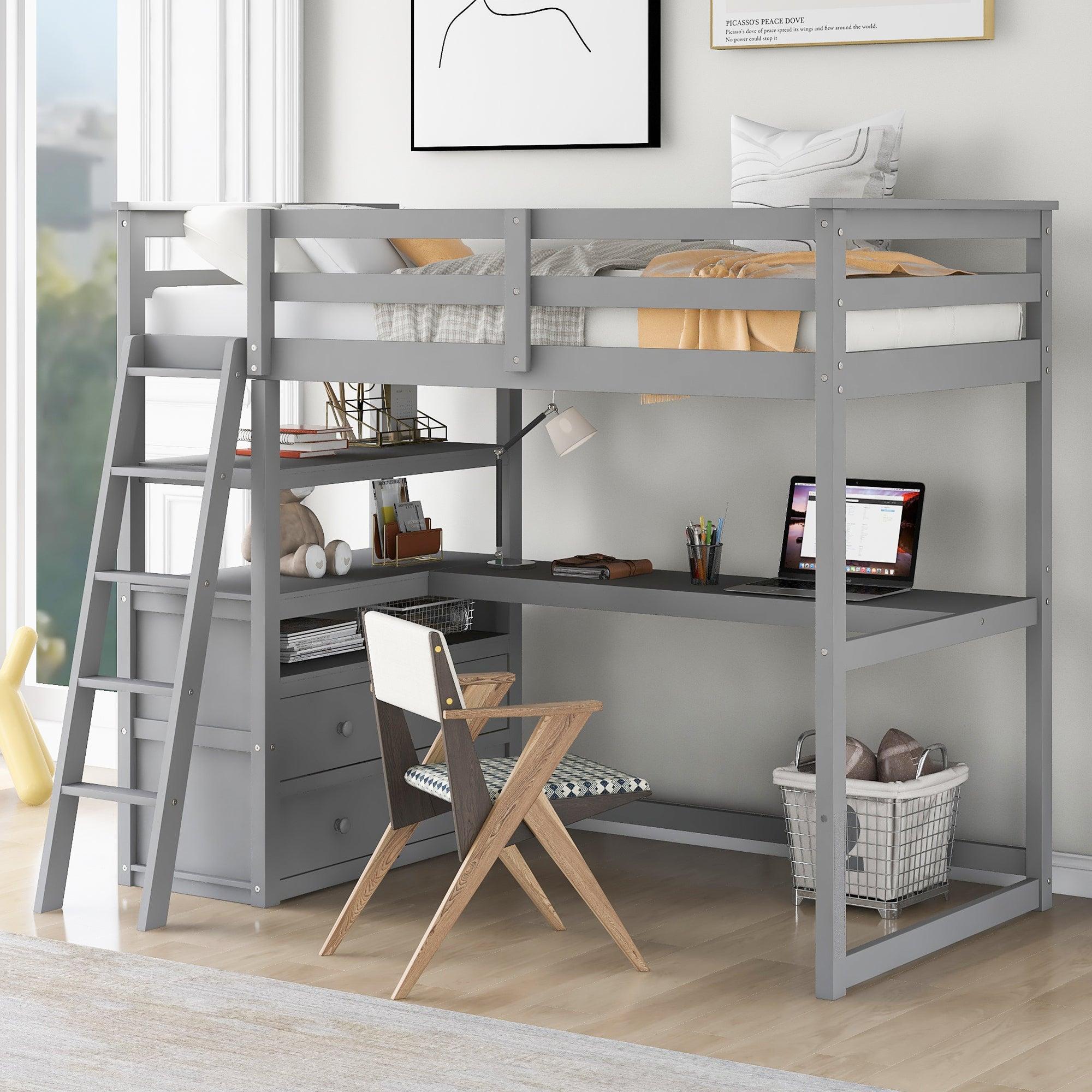 Twin Size Loft Bed with Desk and Shelves, Two Built-in Drawers, Gray image