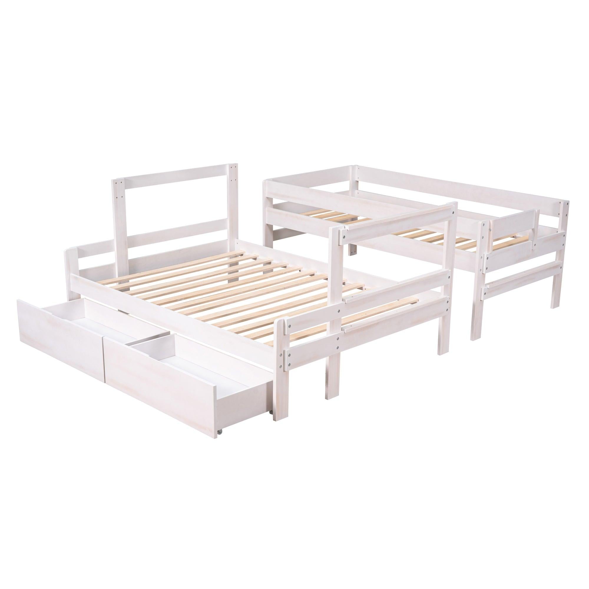 Twin over Full Wood Bunk Bed with 2 Drawers, White