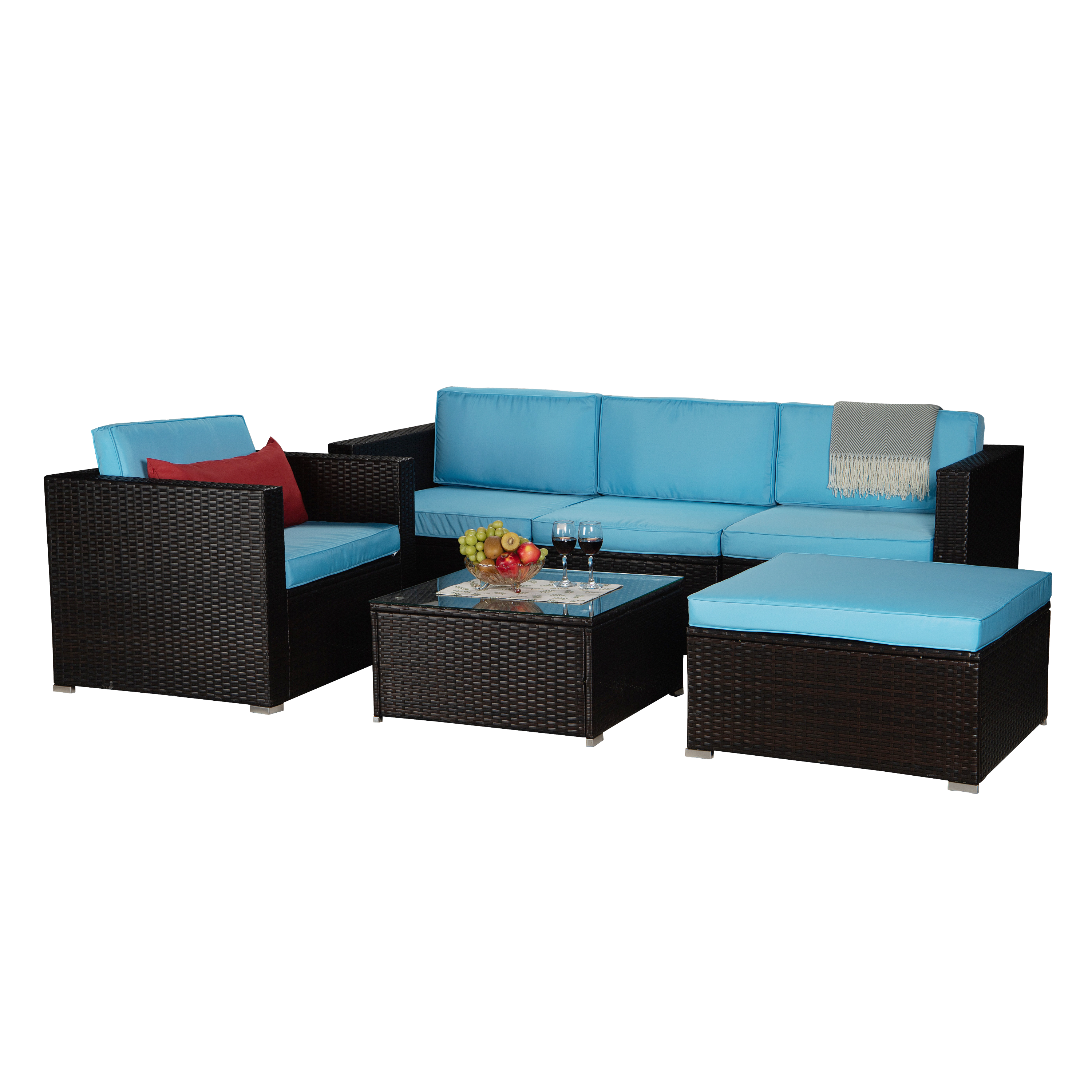 Outdoor Garden Patio Furniture 6-Piece Brown PE Rattan Wicker Sectional Blue Cushioned Sofa Sets with 1 Red Pillow