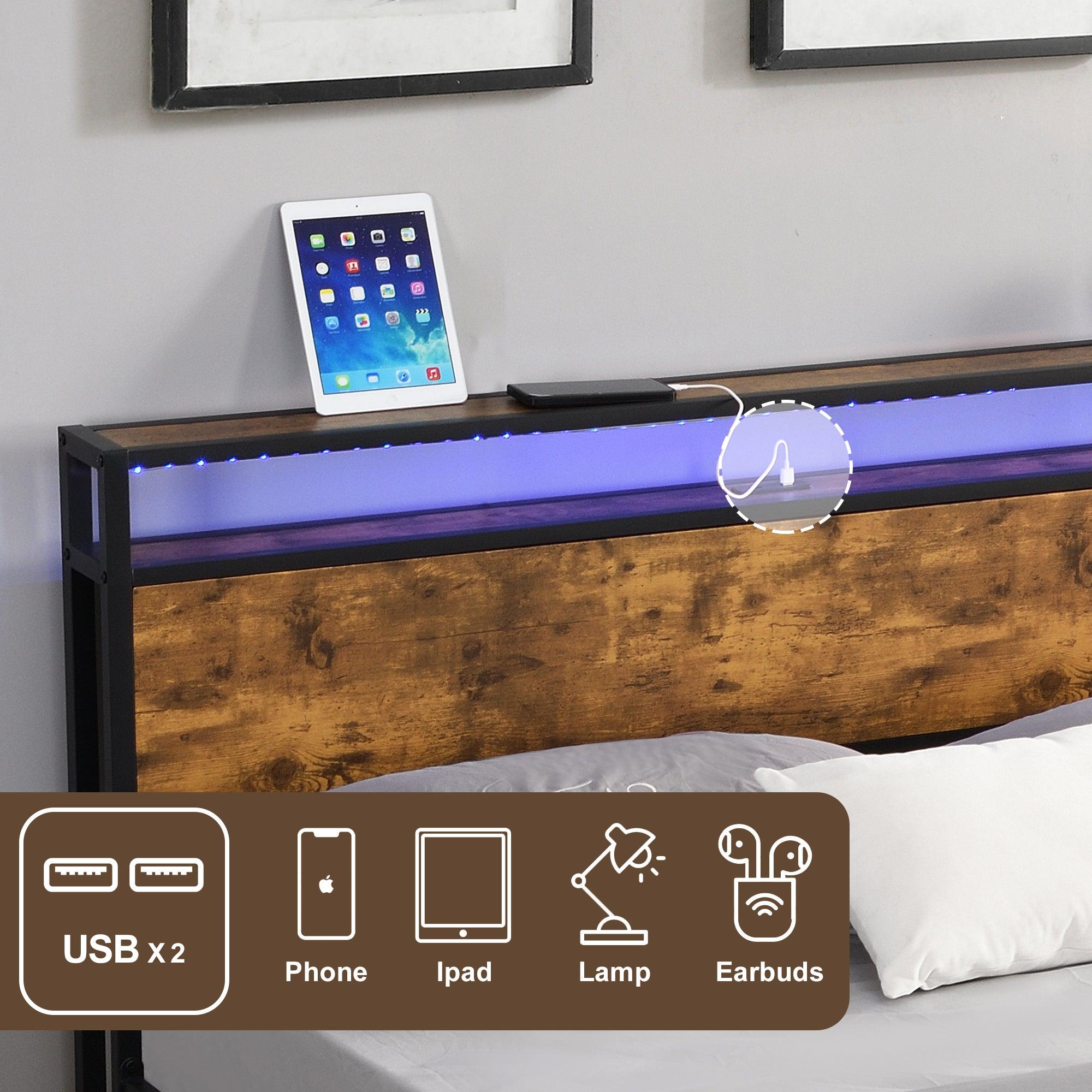 Industrial Full Bed Frame with LED Lights and 2 USB Ports, Bed Frame Full Size withStorage, Noise Free, No Box Spring Needed, Rustic Brown