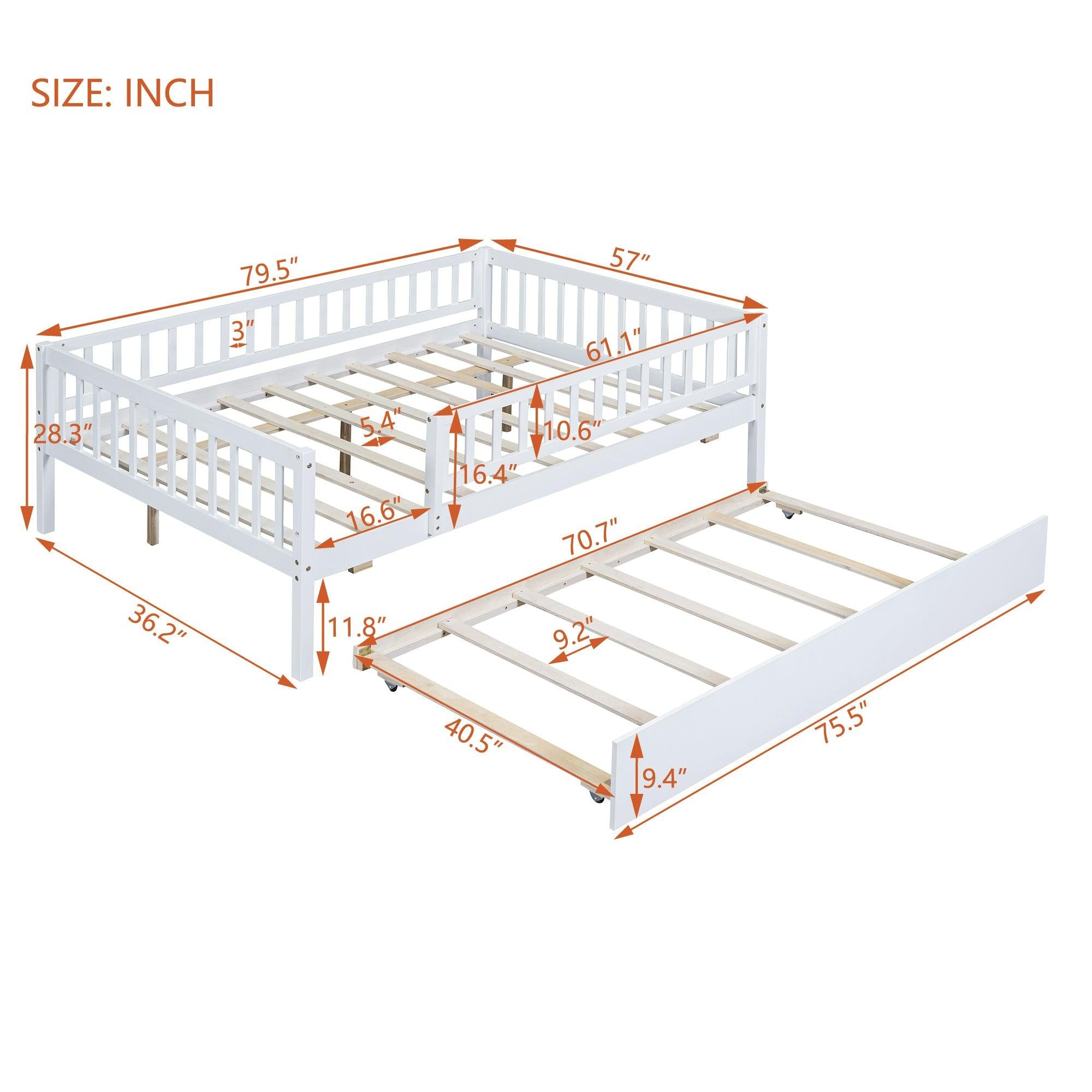 Full Size Wood Daybed with Trundle and Fence Guardrails, White