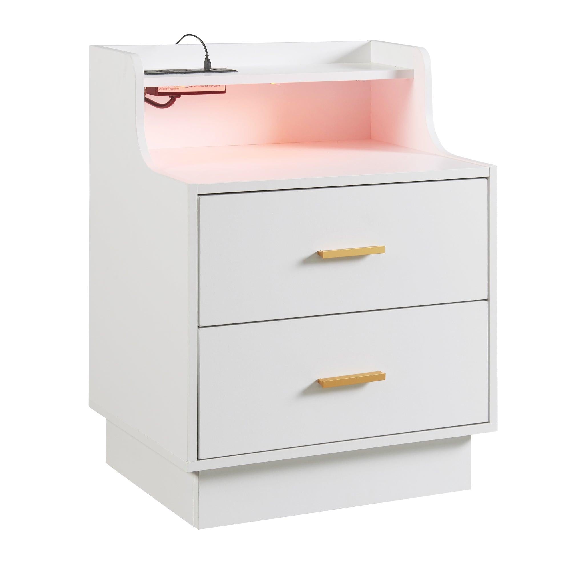 Multifunctional Nightstand with 2 Drawers, Shelf with USB Charging Design and Color-Changing LED, White