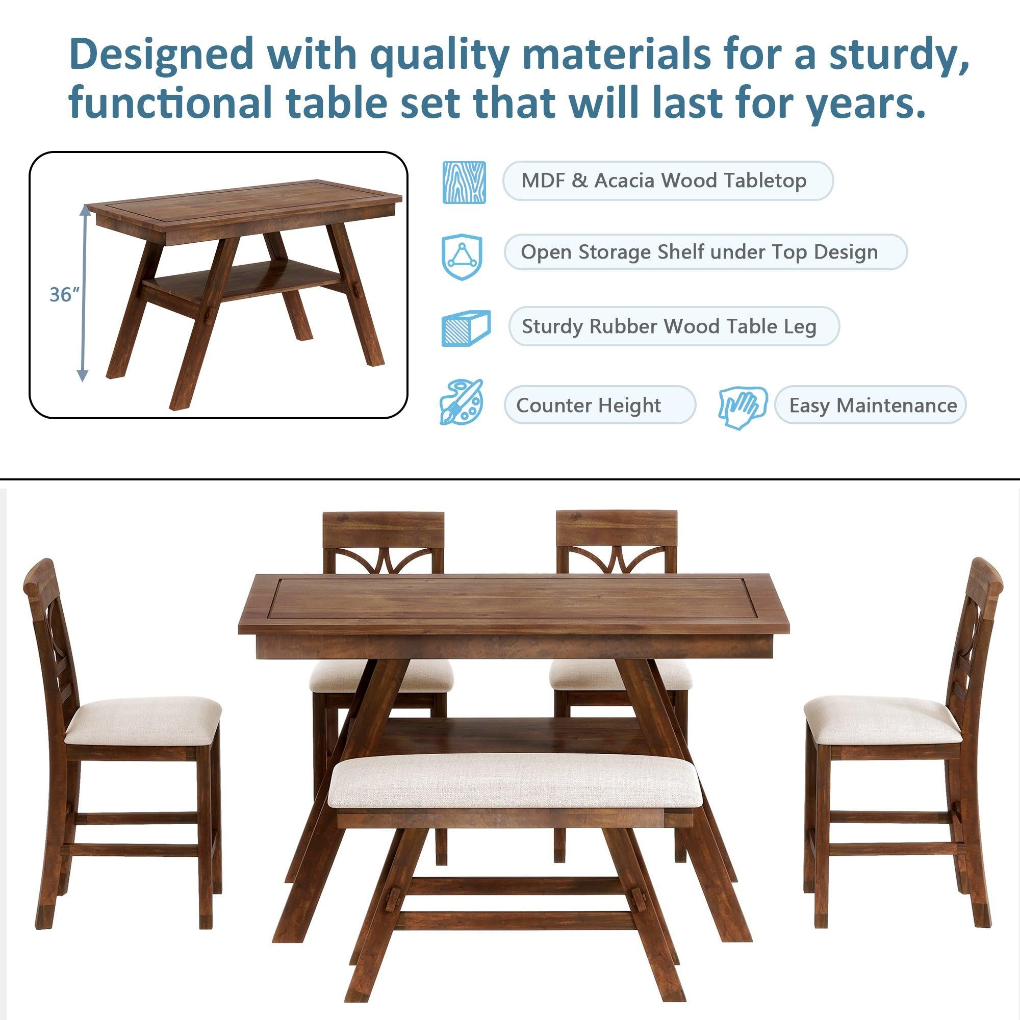 6-Piece Wood Counter Height Dining Table Set withStorage Shelf, Kitchen Table Set with Bench and 4 Chairs,Rustic Style, Walnut+Beige Cushion