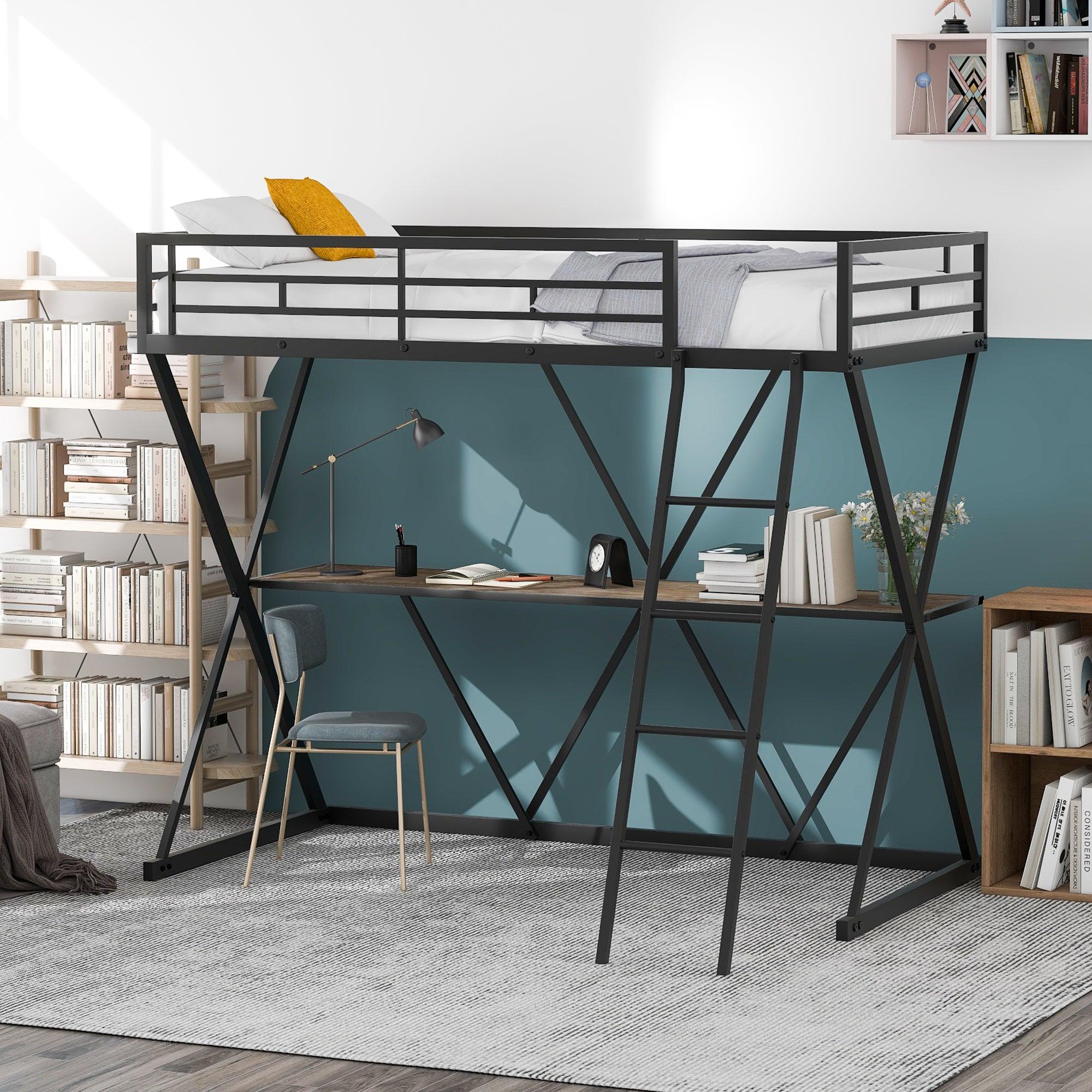 Twin Size Loft Bed with Desk, Ladder and Full-Length Guardrails, X-Shaped Frame, Black+B70608 image