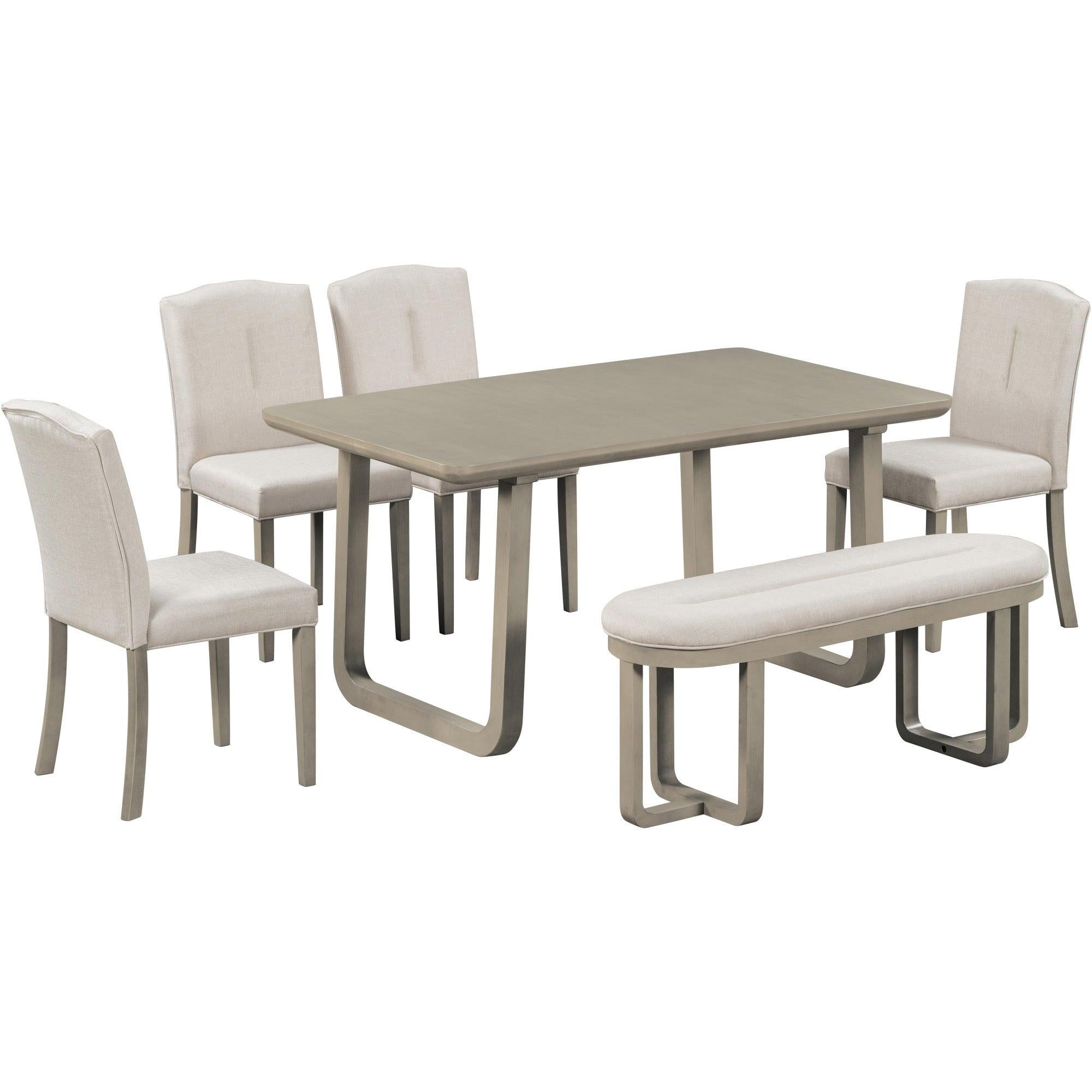 6-Piece Retro-Style Dining Set Includes Dining Table, 4 Upholstered Chairs & Bench with Foam-covered Seat Backs&Cushions for Dining Room (Light Khaki+Beige)