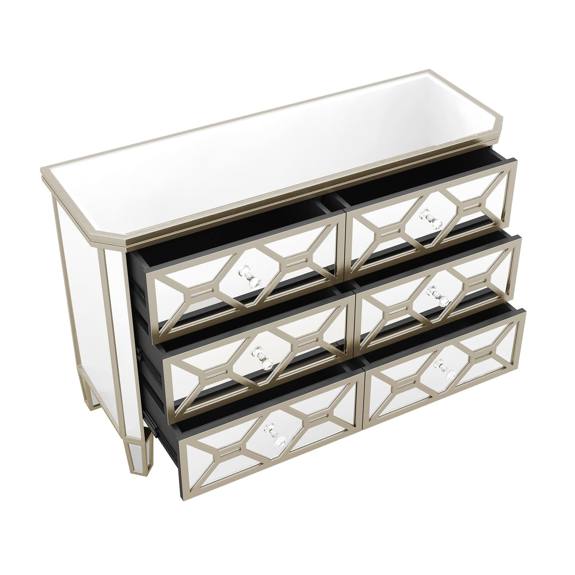 Elegant Mirrored 6-Drawer Dresser with Golden LinesStorage Cabinet for Living Room, Hallway, Entryway