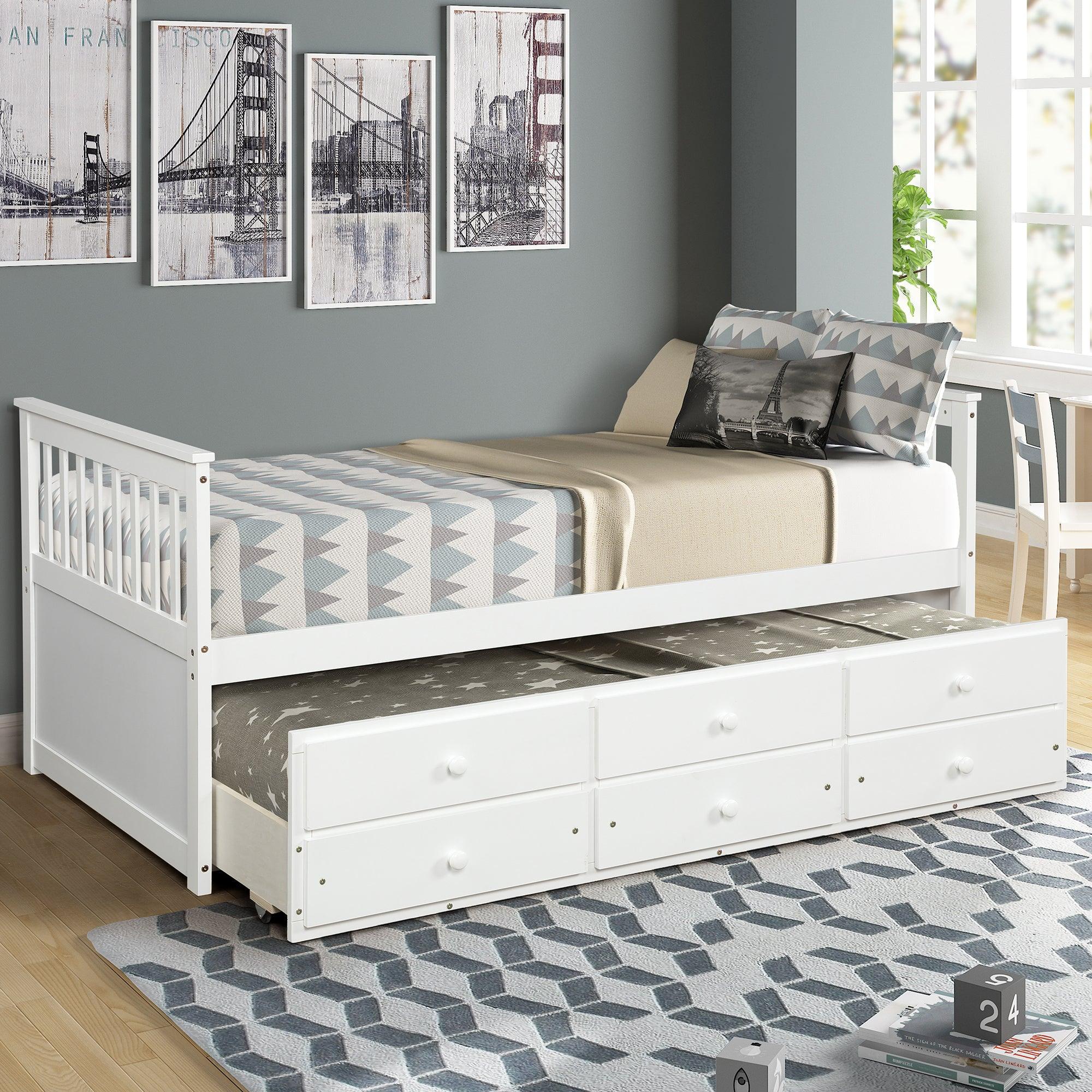 Captain's Bed Twin Daybed with Trundle Bed andStorage Drawers, White