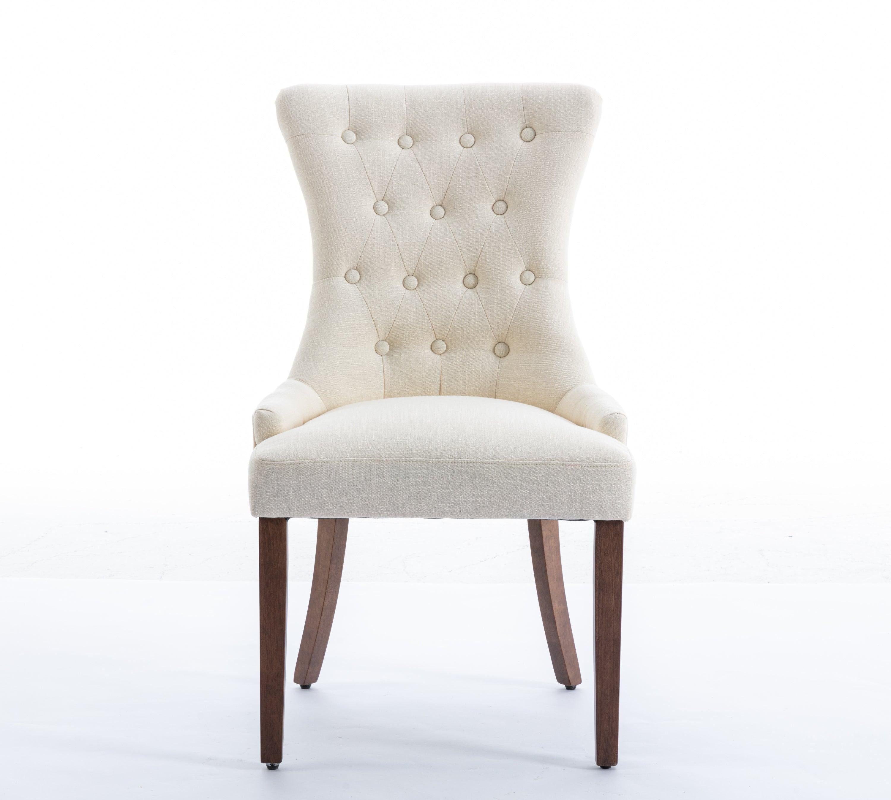 Classic Button Tufted Beige Linen Fabric Upholstered Dining Chair with Solid Wood Legs 2 PCS