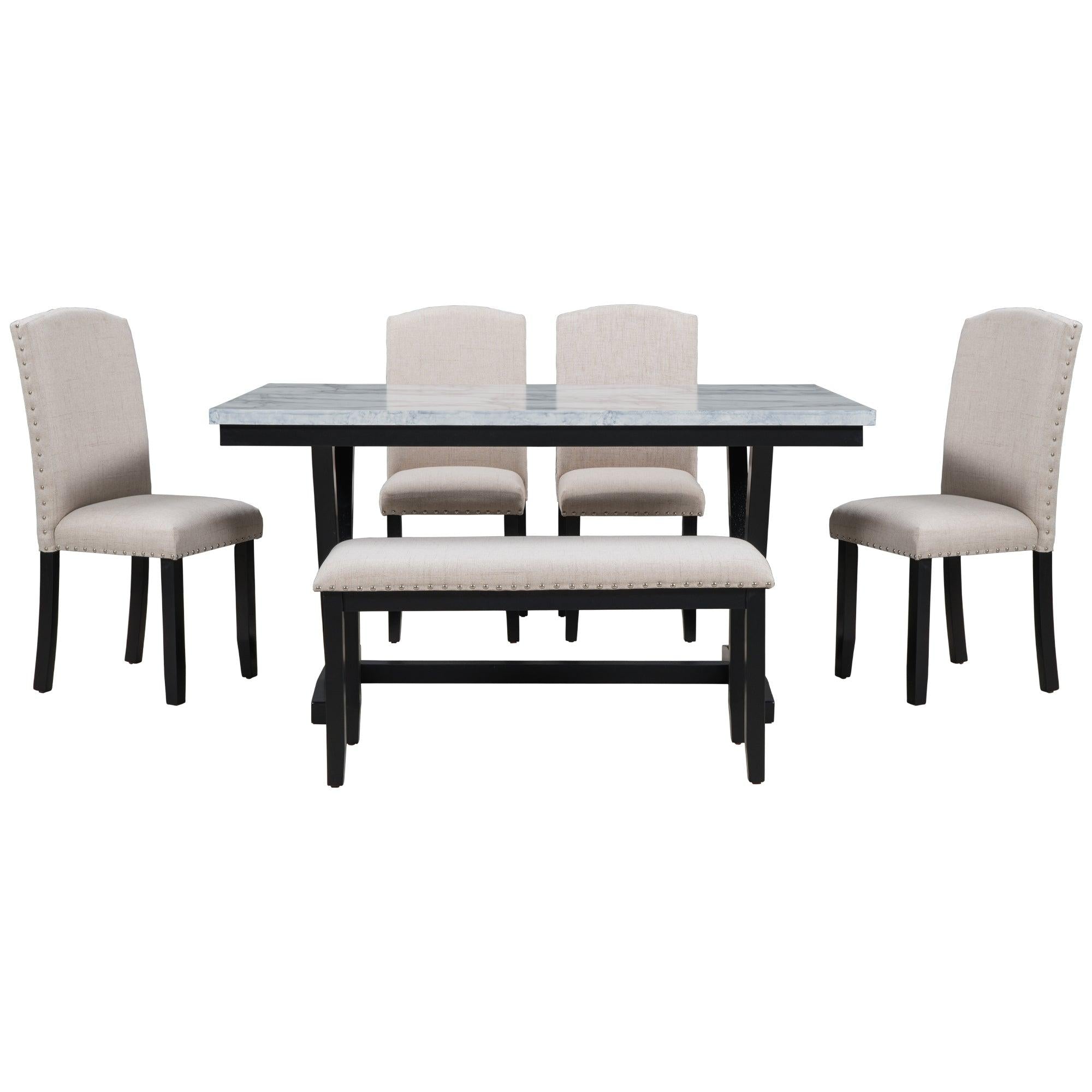 Modern Style 6-piece Dining Table with 4 Chairs & 1 Bench, Table with Marbled Veneers Tabletop and V-shaped Table Legs (White)