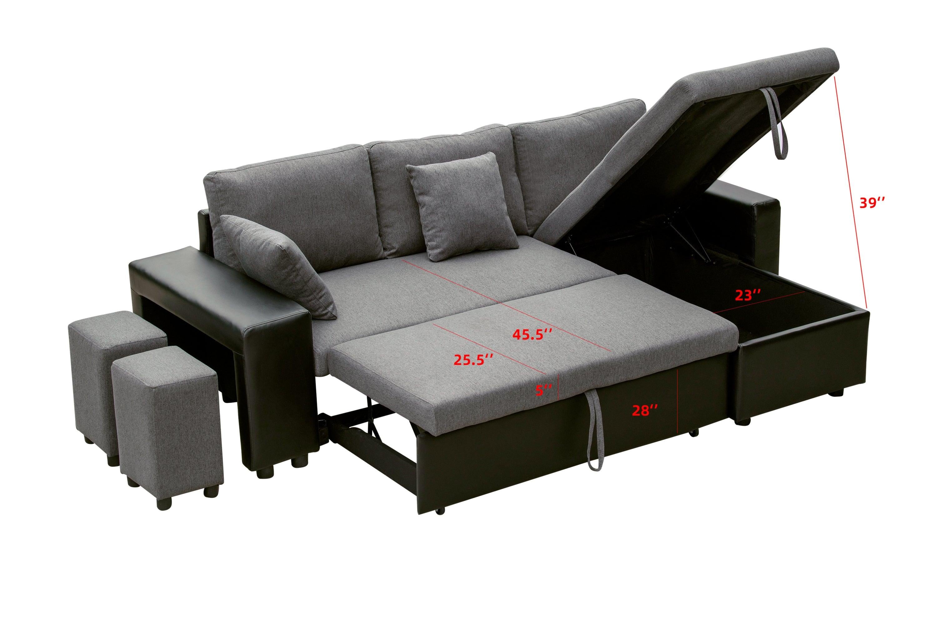 92.5“Linen Reversible Sleeper Sectional Sofa withStorage and 2 stools Steel Gray