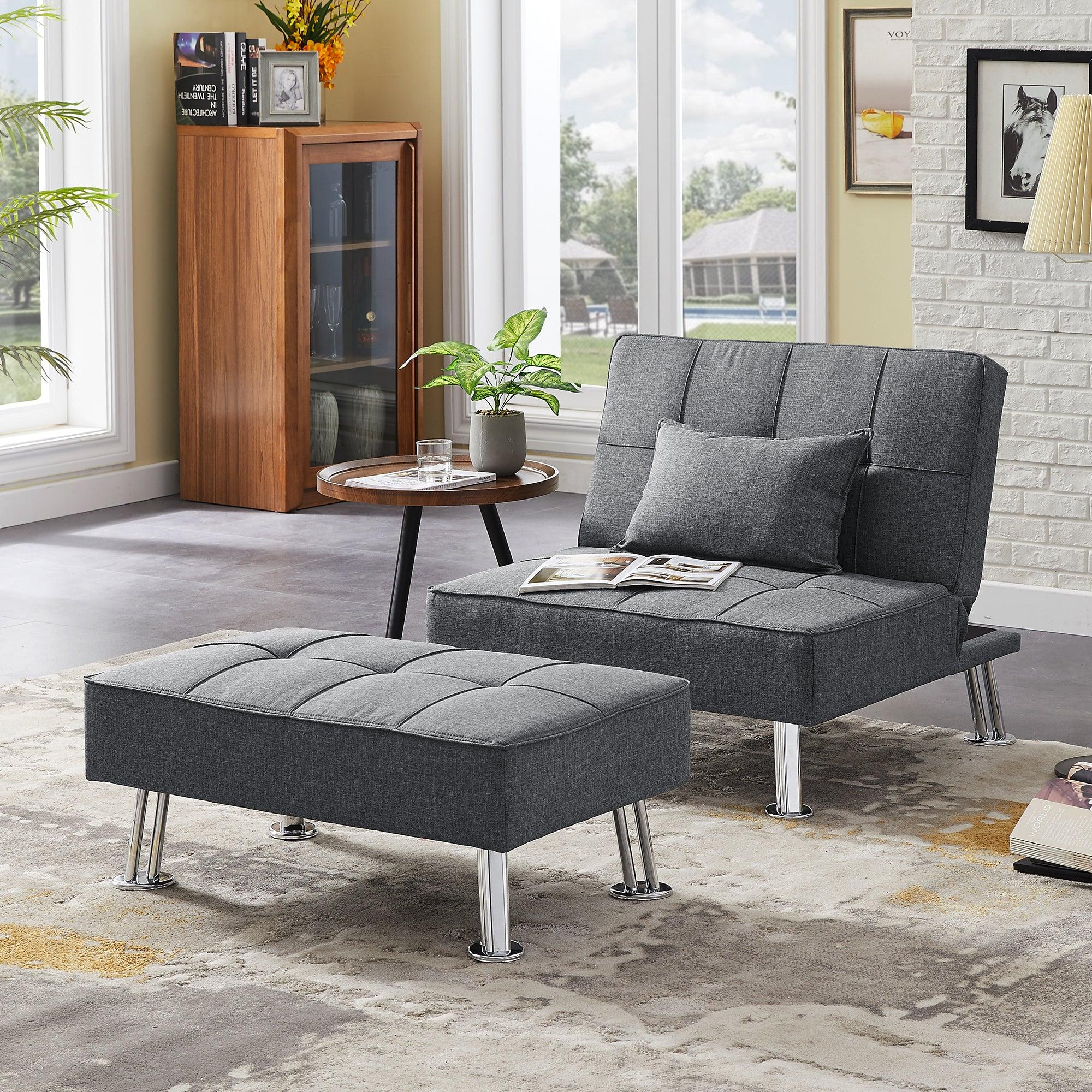 Modern Fabric Single Sofa Bed with Ottoman , Convertible Folding Futon Chair, Lounge Chair Set with Metal Legs . image