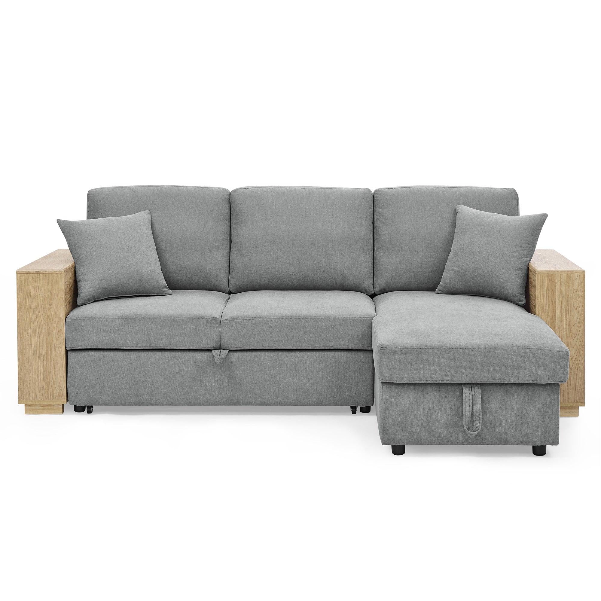 Sectional Sofa with Pulled Out Bed, 2 Seats Sofa and Reversible Chaise withStorage, MDF Shelf Armrest, Two Pillows, Grey, (88" x52" x 34")