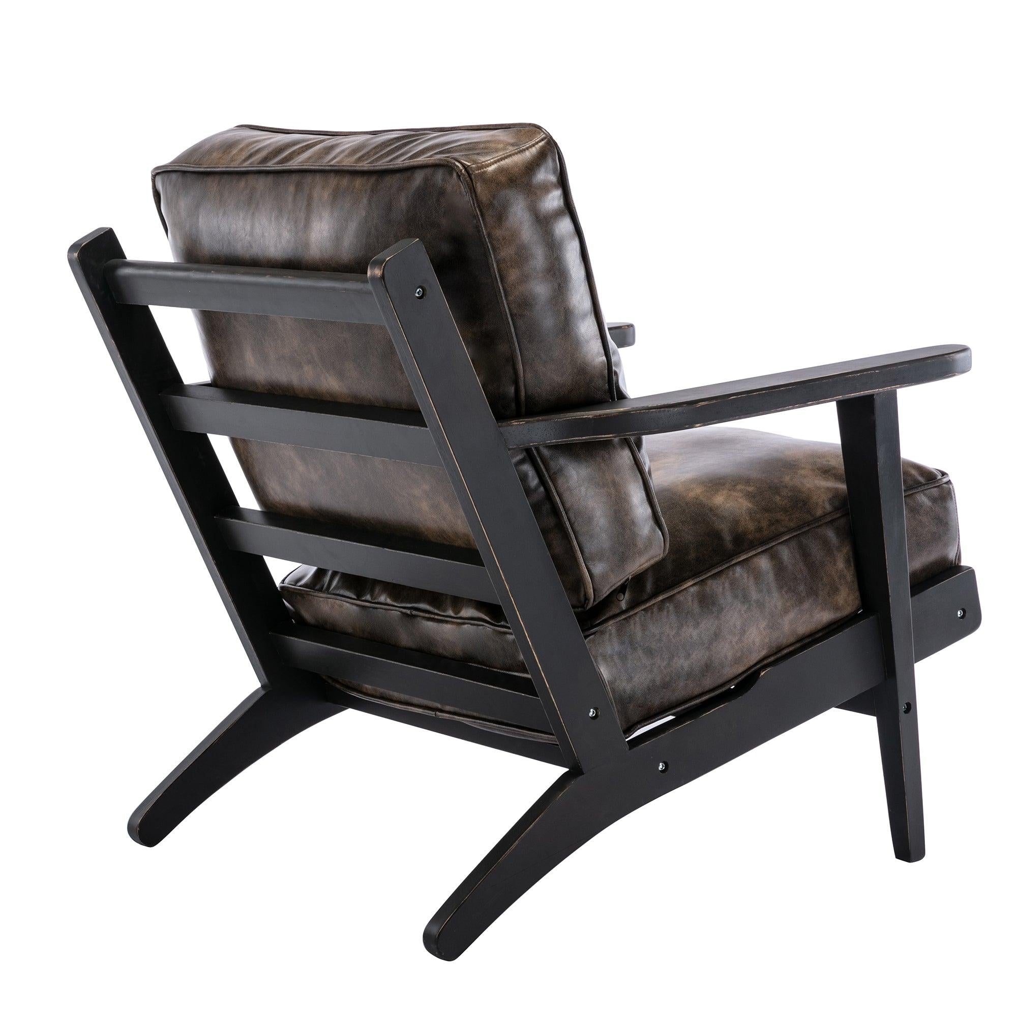 solid wood  black antique painting removable cushion arm chair, mid-century PU leather accent chair