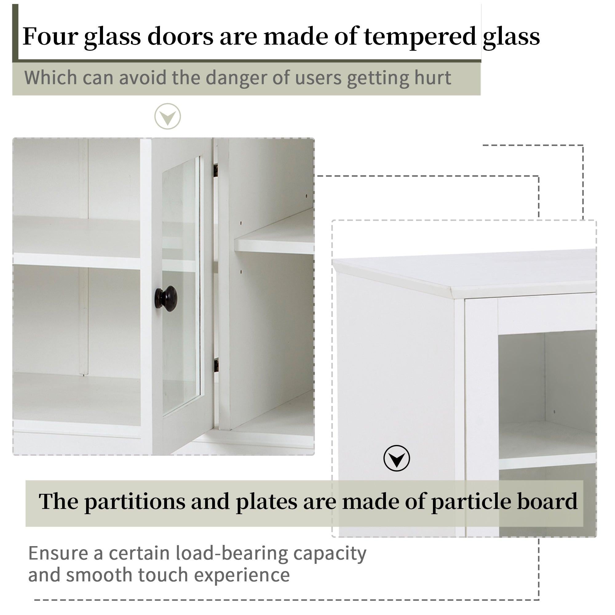 TV Stand for TV up to 60in with 4 Tempered Glass Doors Adjustable Panels Open Style Cabinet, Sideboard for Living room, White