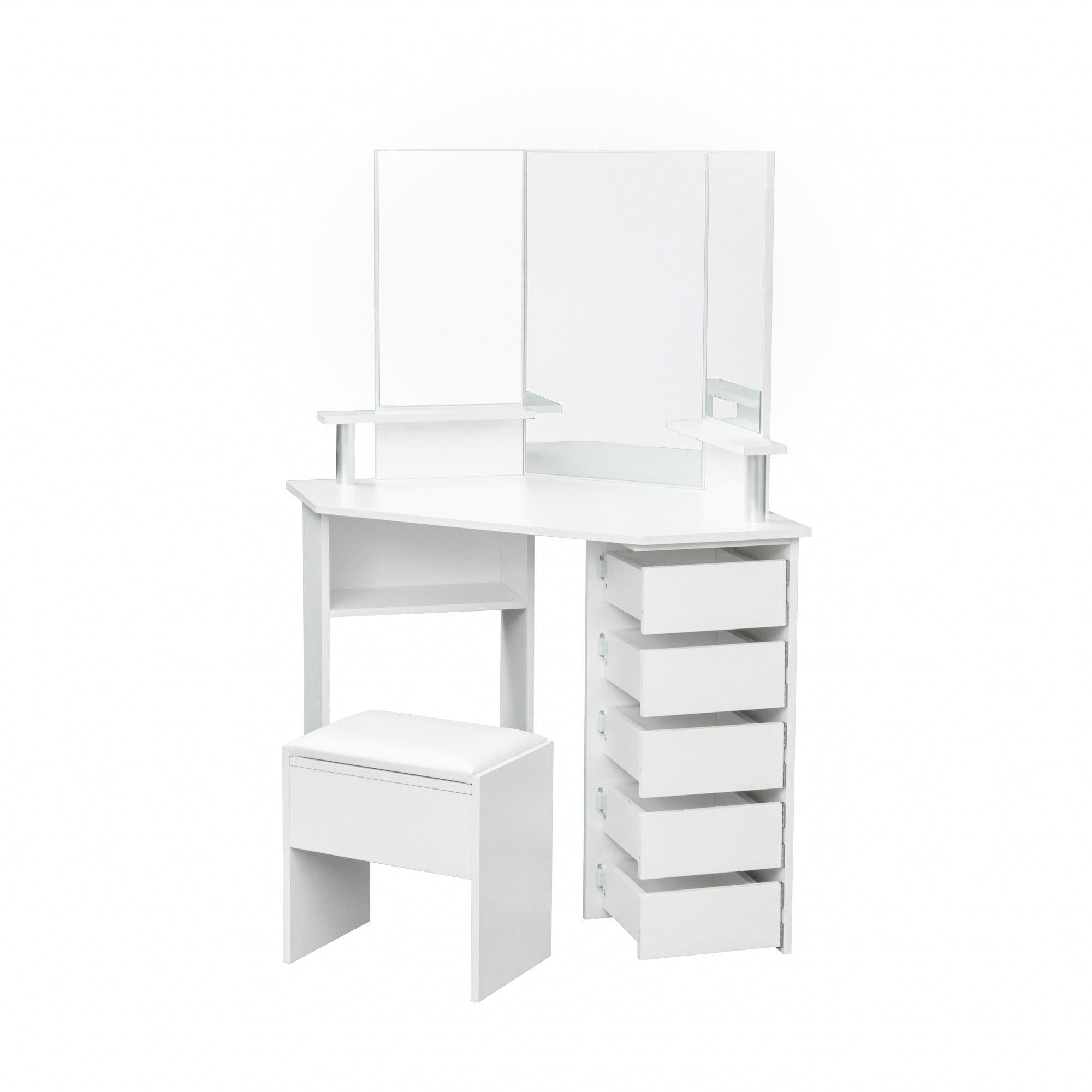 Corner dressing table make up desk with three-fold mirror and 5 rotary drawer Wooden Bedroom Vanity Table (White)