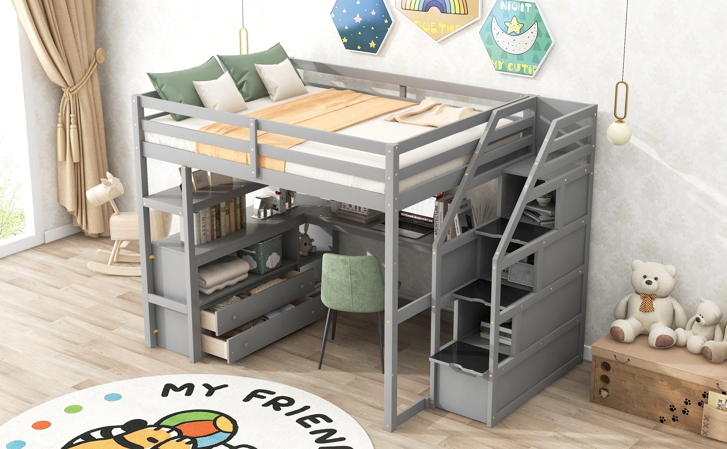 Full Size Loft Bed with Desk and Shelves, Two Built-in Drawers,Storage Staircase, Gray