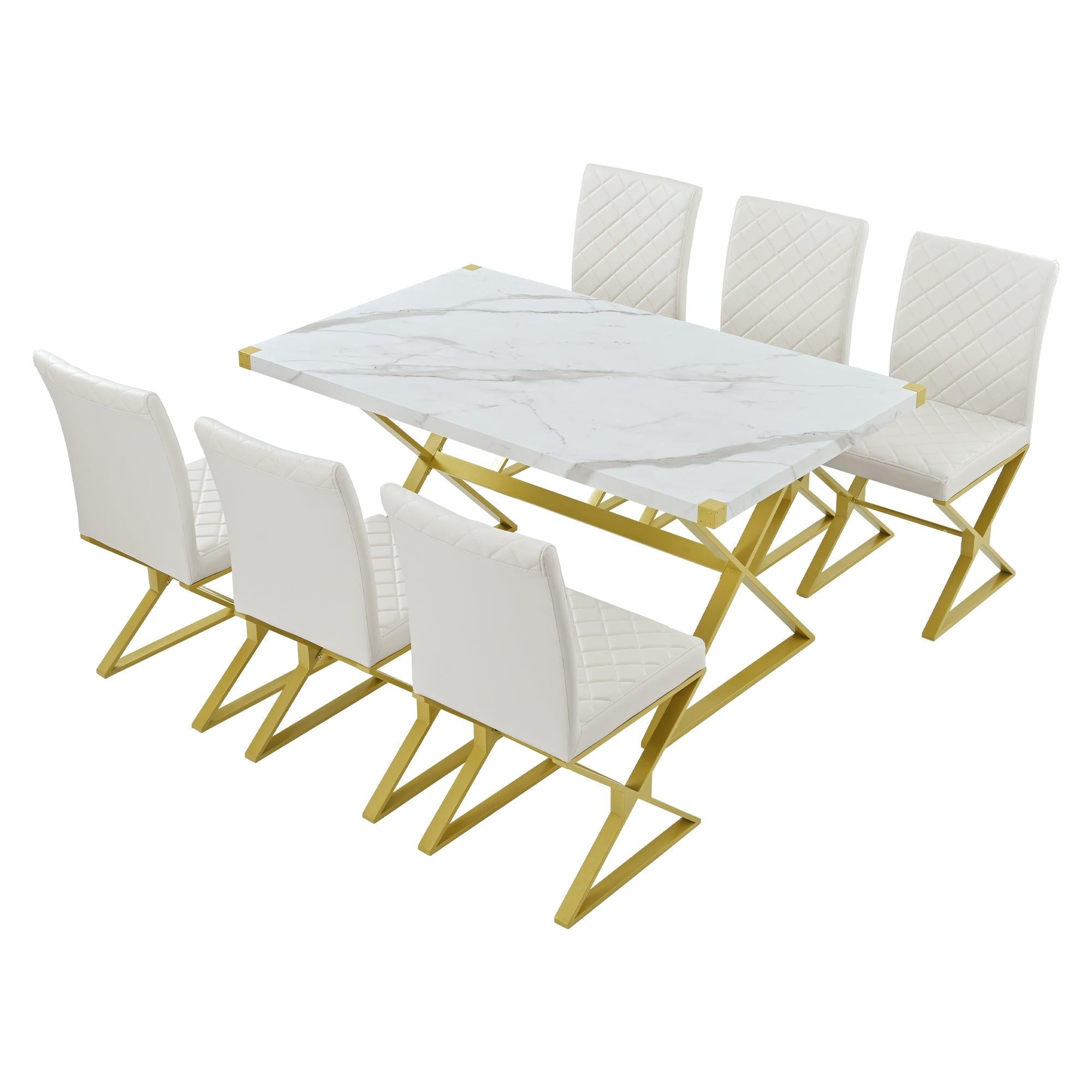 7-PieceModern Dining Table Set, Rectangular Marble Texture Kitchen Table and 6 PU leather Chairs with X-Shaped Gold Steel Pipe Legs for Dining Room (White)