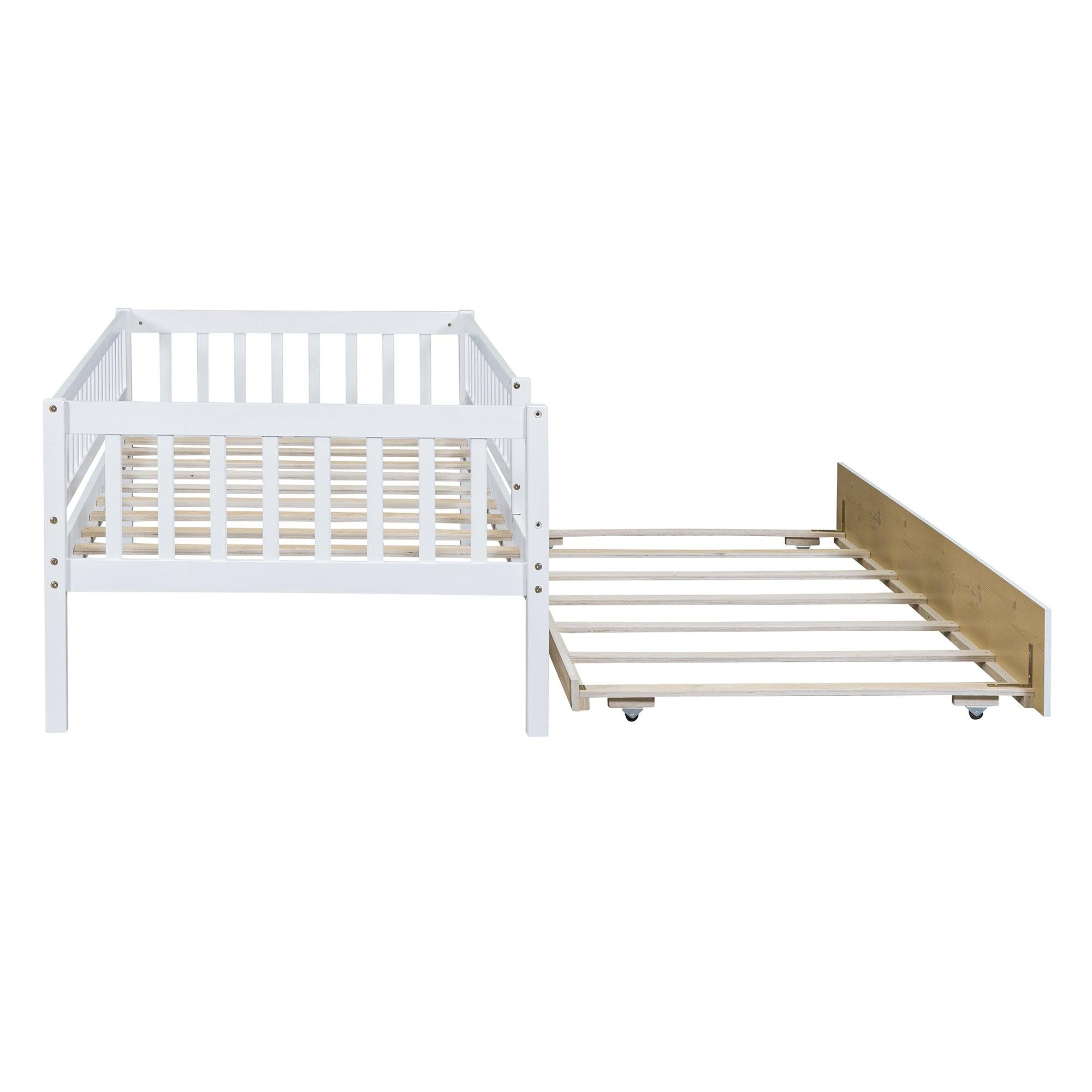 Twin Size Wood Daybed with Trundle and Fence Guardrails, White