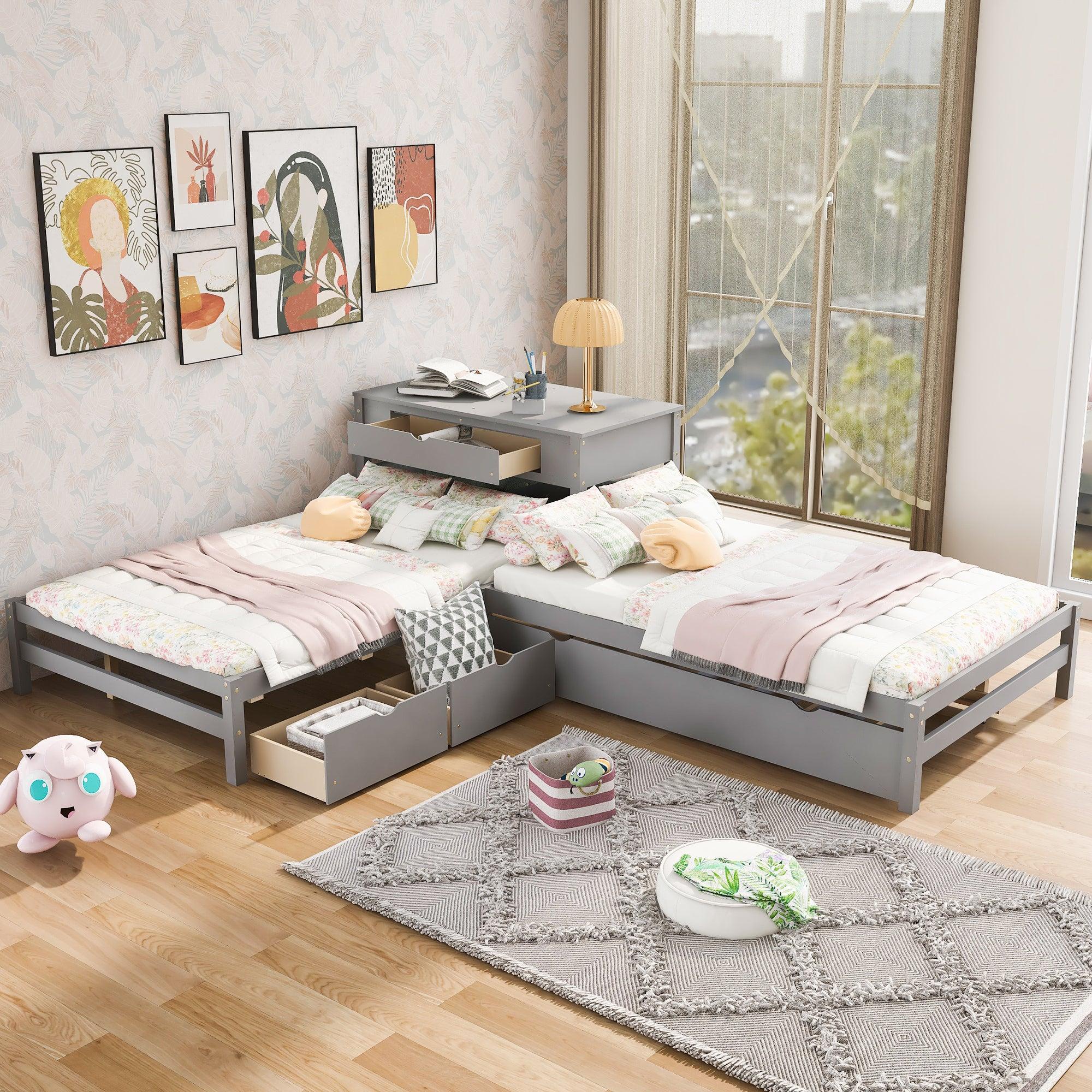 Full Size L-shaped Platform Beds with Twin Size Trundle and Drawers Linked with Built-in Rectangle Table,Gray