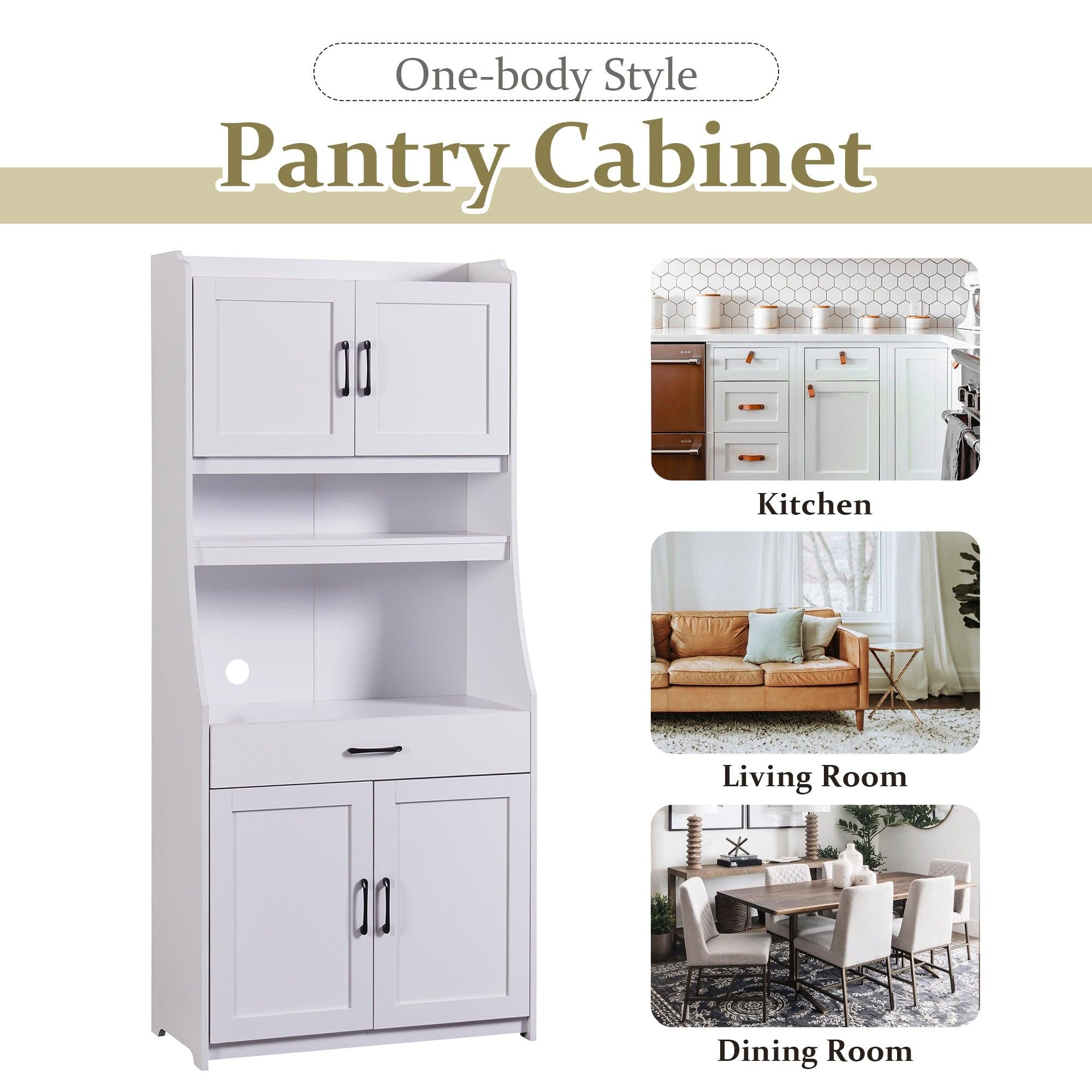 One-body Style Pantry Cabinet Kitchen Living Room Dining RoomStorage Buffet with Doors, Adjustable Shelves (White)