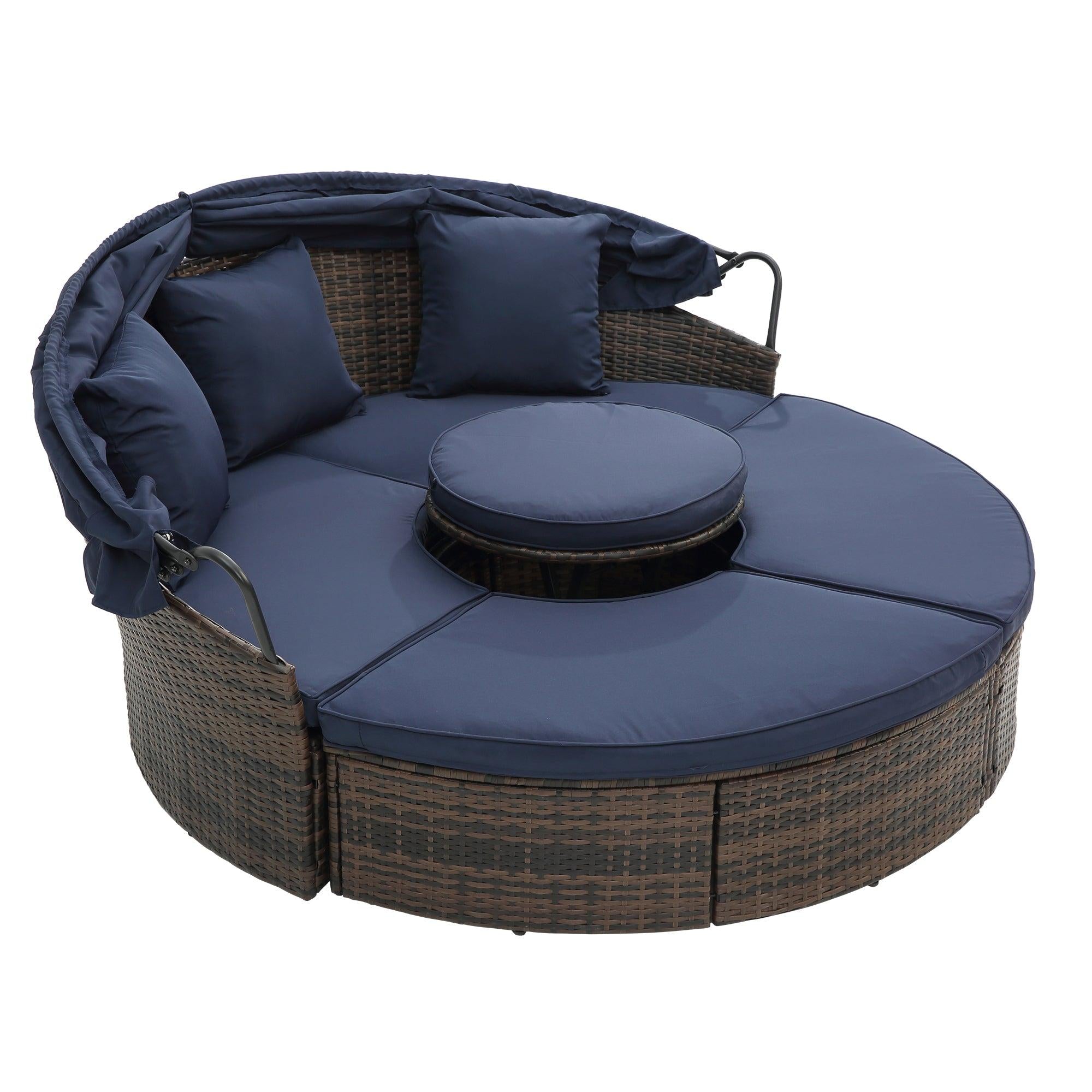 Rattan Round Lounge With Canopy Bali Canopy Bed Outdoor, Wicker Outdoor Sofa Bed with lift coffee table