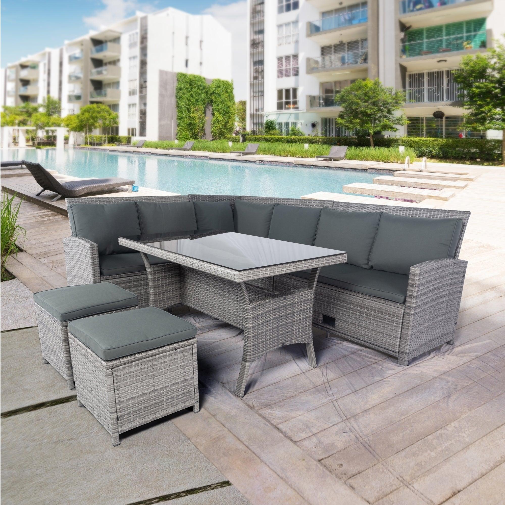 6 Pieces PE Rattan sectional Outdoor Furniture Cushioned Sofa Set with 2Storage Under Seat Grey