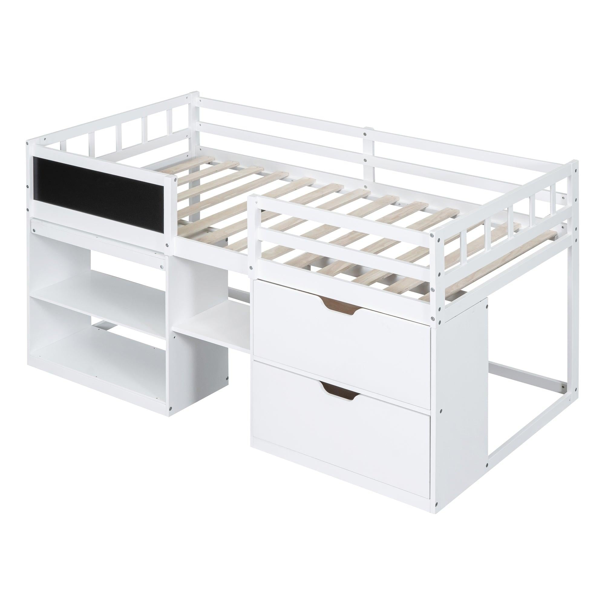 Twin Size Low Loft Bed with Rolling Desk, Shelf and Drawers - White