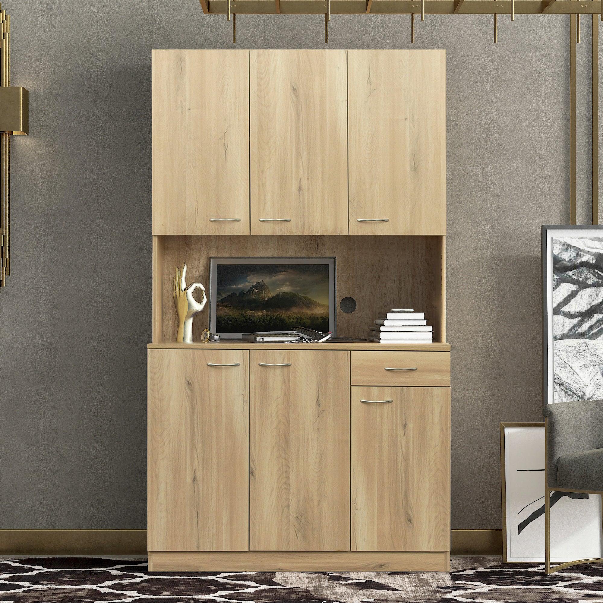 70.87" Tall Wardrobe& Kitchen Cabinet, with 6-Doors, 1-Open Shelves and 1-Drawer for bedroom,Rustic Oak image