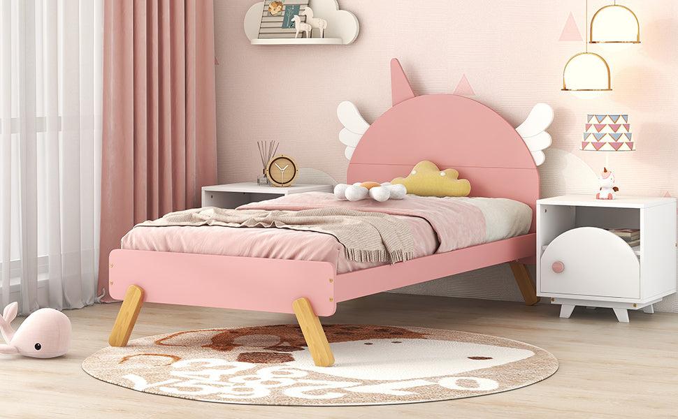 Wooden Cute Bed With Unicorn Shape Headboard,Twin Size Platform Bed,Pink