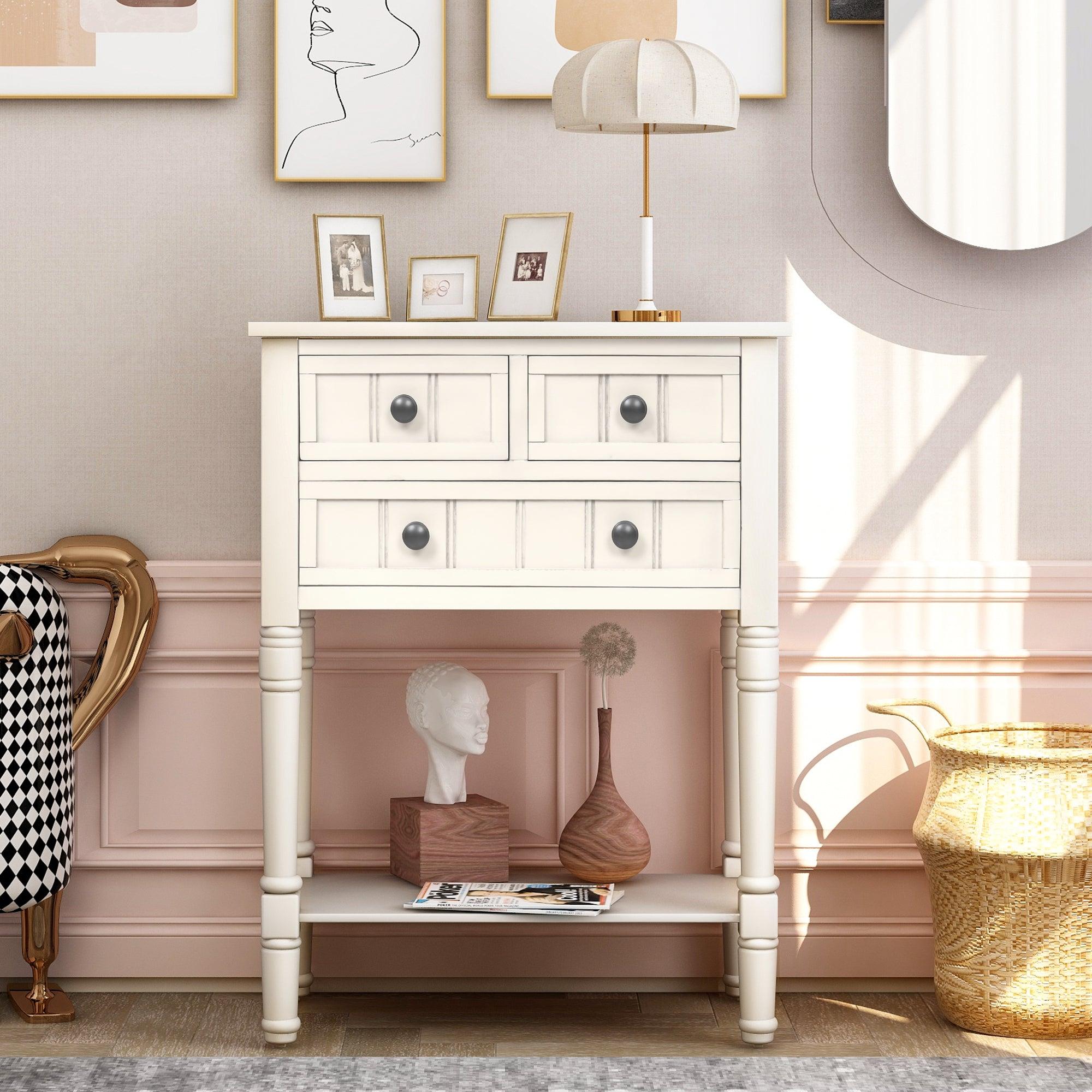 Narrow Console Table, Slim Sofa Table with ThreeStorage Drawers and Bottom Shelf (Ivory White)