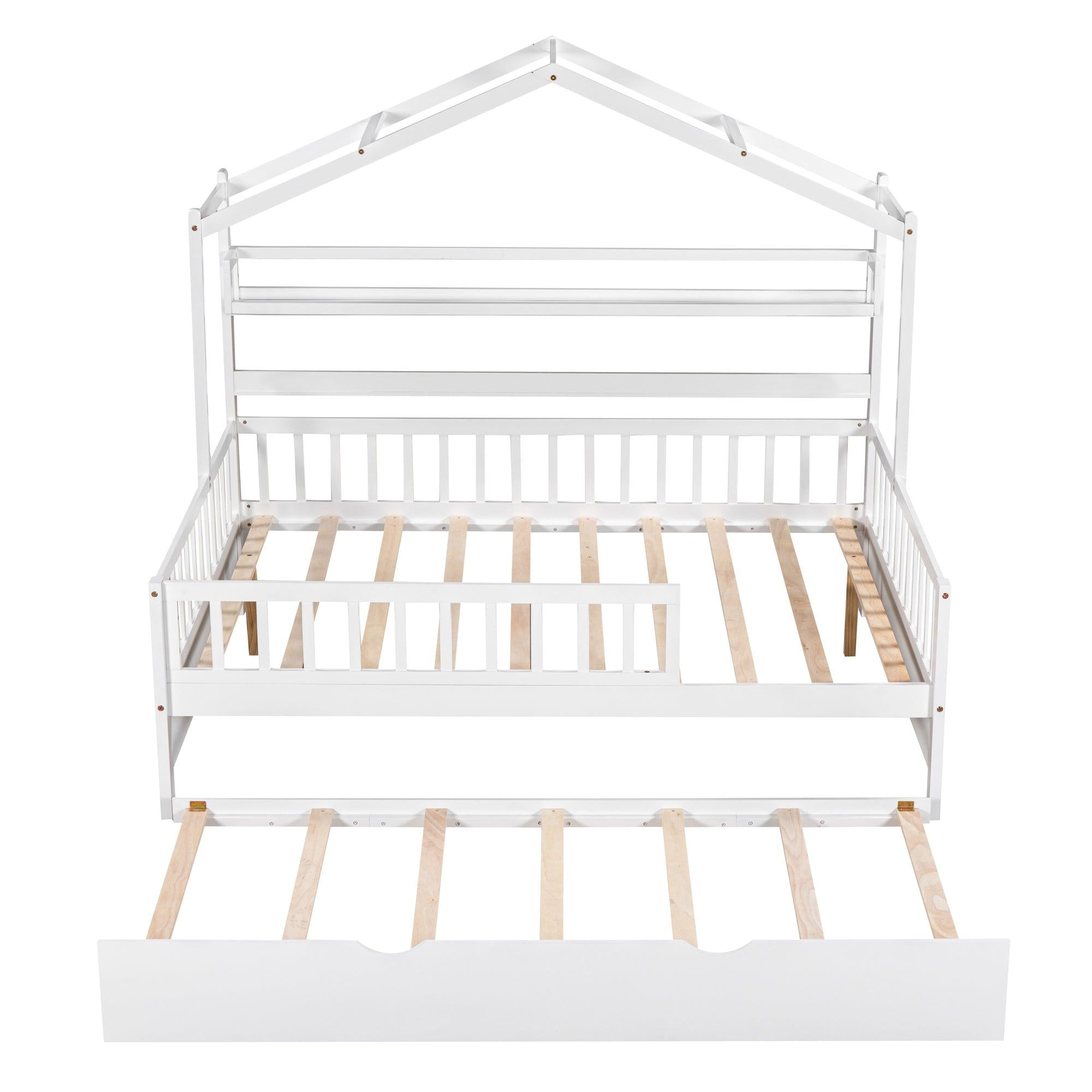 Wooden Full Size House Bed with Twin Size Trundle,Kids Bed with Shelf, White