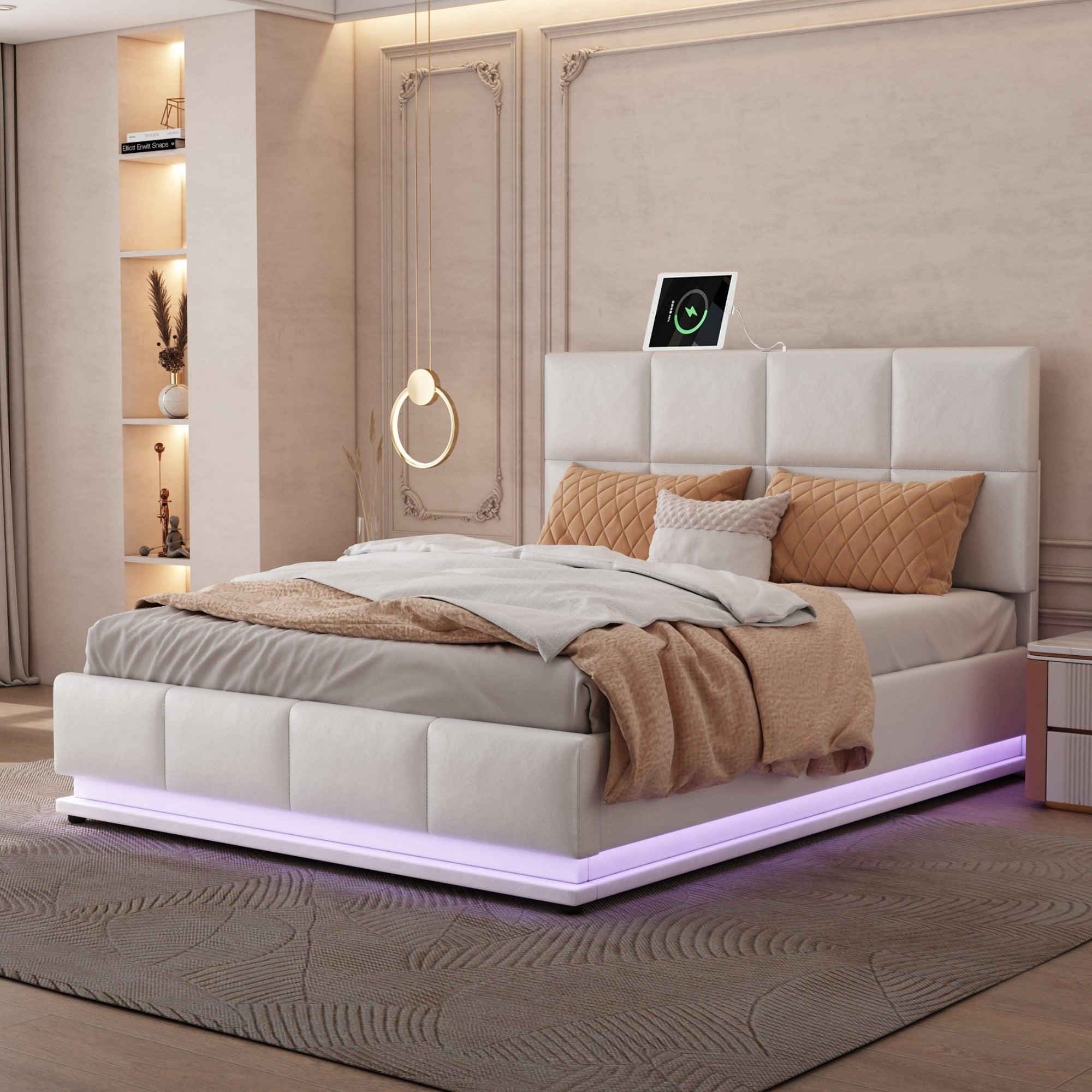 Tufted Upholstered Platform Bed with HydraulicStorage System,Queen Size PUStorage Bed with LED Lights and USB charger, White