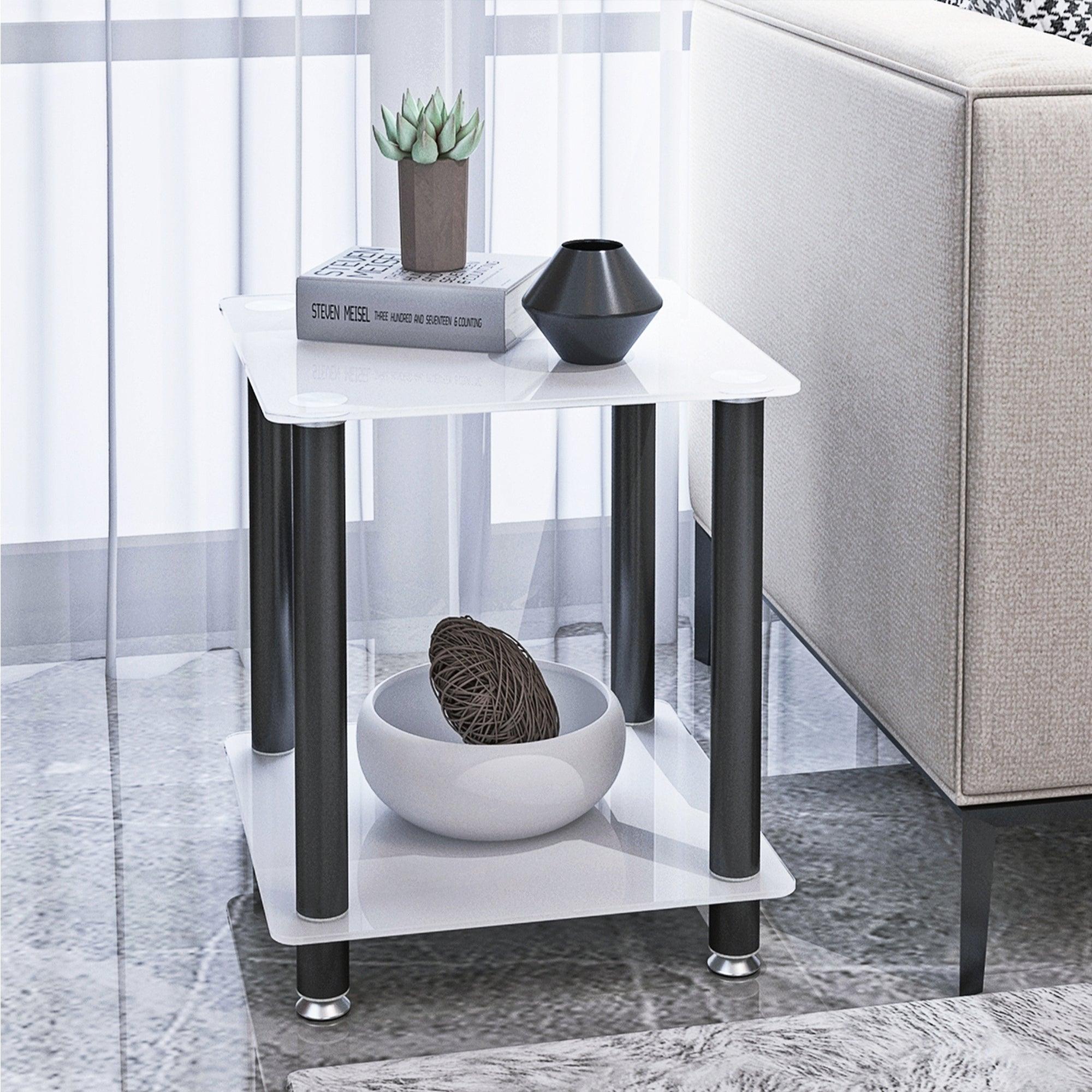 1-Piece White+Black Side Table , 2-Tier Space End Table ,Modern Night Stand, Sofa table, Side Table withStorage Shelve