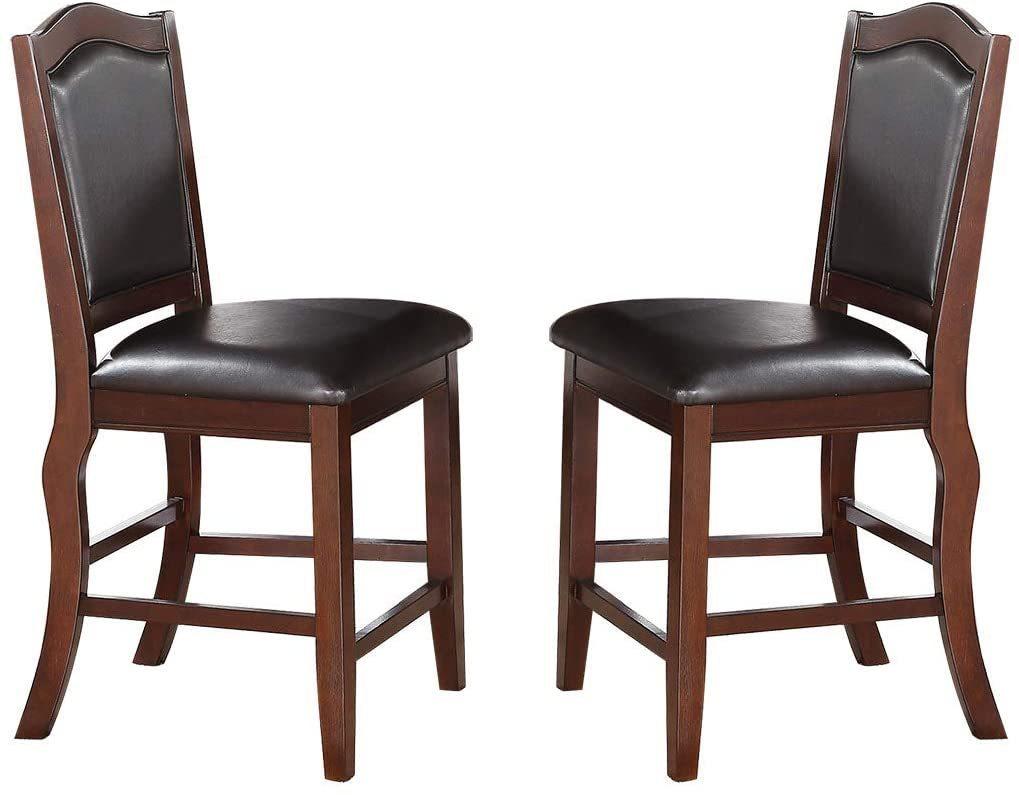 Dark Brown Wood Finish Set of 2 Counter Height Chairs Faux Leather Upholstery  Seat Back Kitchen Dining Room Chair