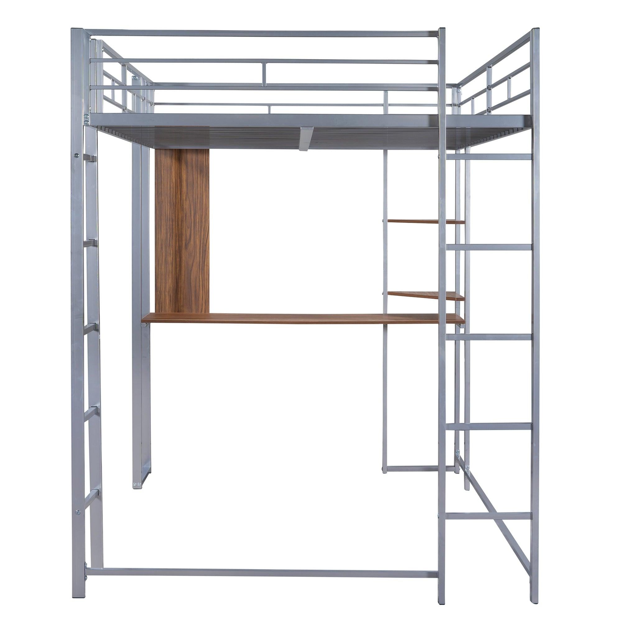 Full Size Metal Loft Bed with 2 Shelves and one Desk ,Silver