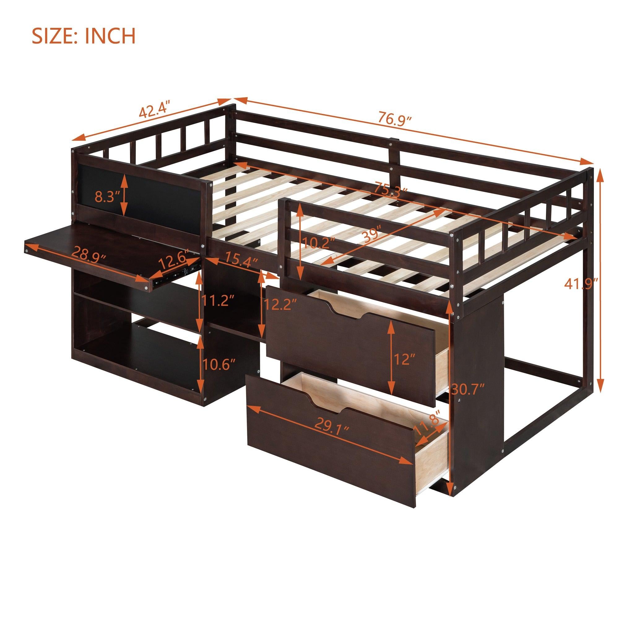 Twin Size Low Loft Bed with Rolling Desk, Shelf and Drawers - Espresso