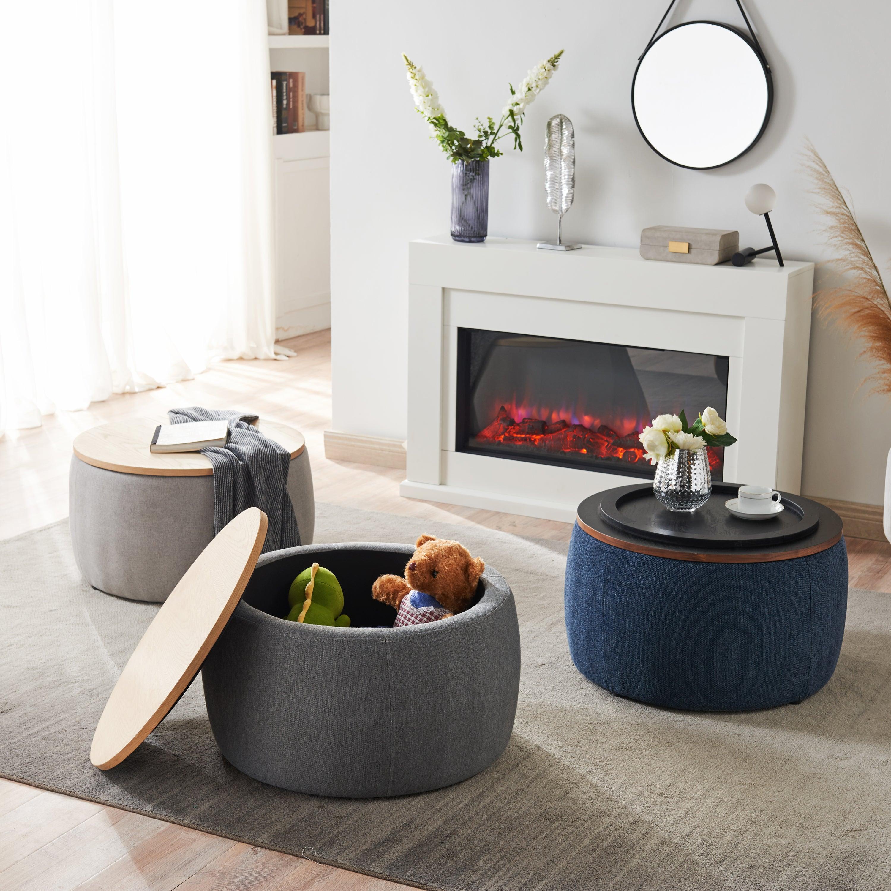 RoundStorage Ottoman, 2 in 1 Function, Work as End table and Ottoman, Navy (25.5"x25.5"x14.5")