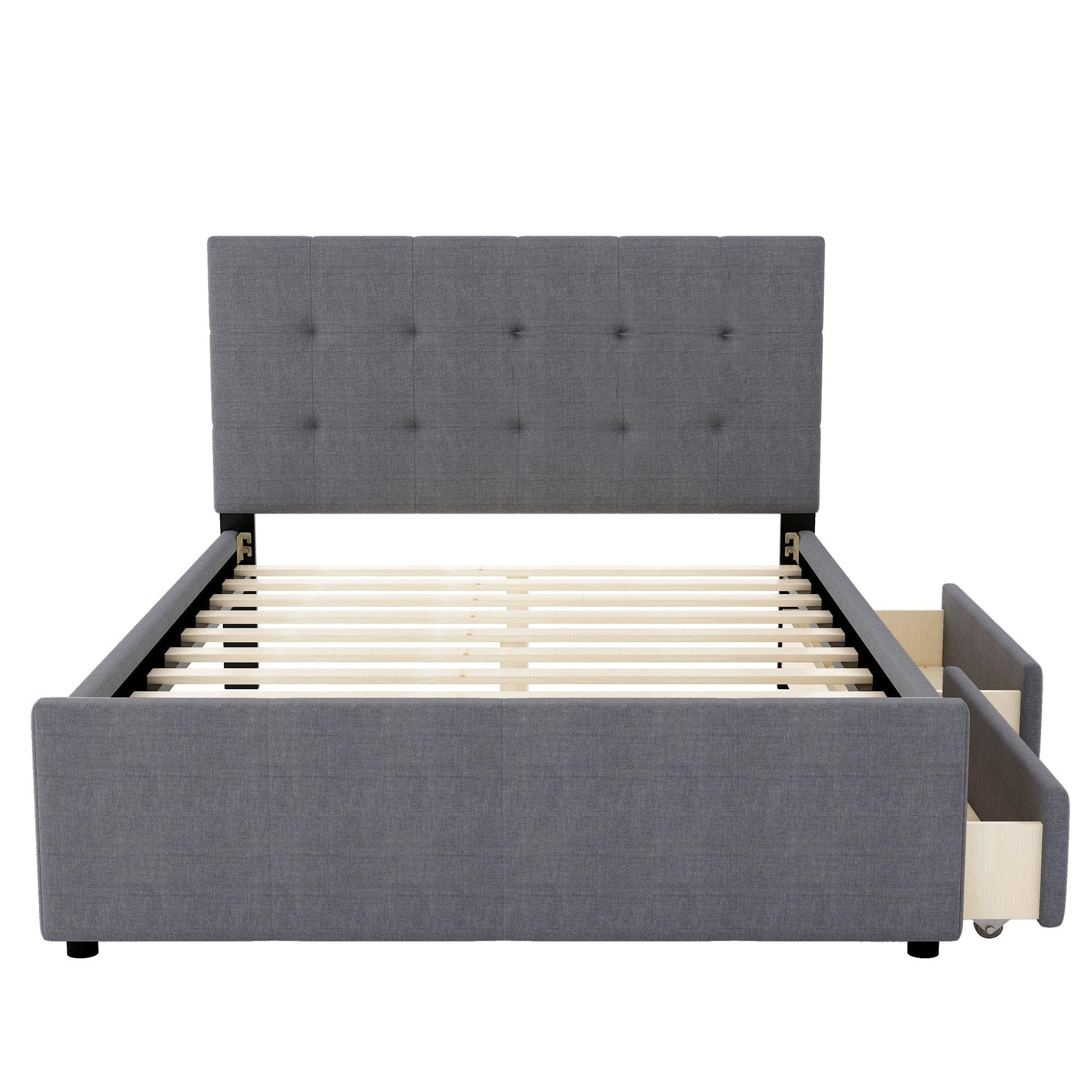 Queen Size Linen Upholstered Platform Bed With Headboard and Two Drawers,Gray