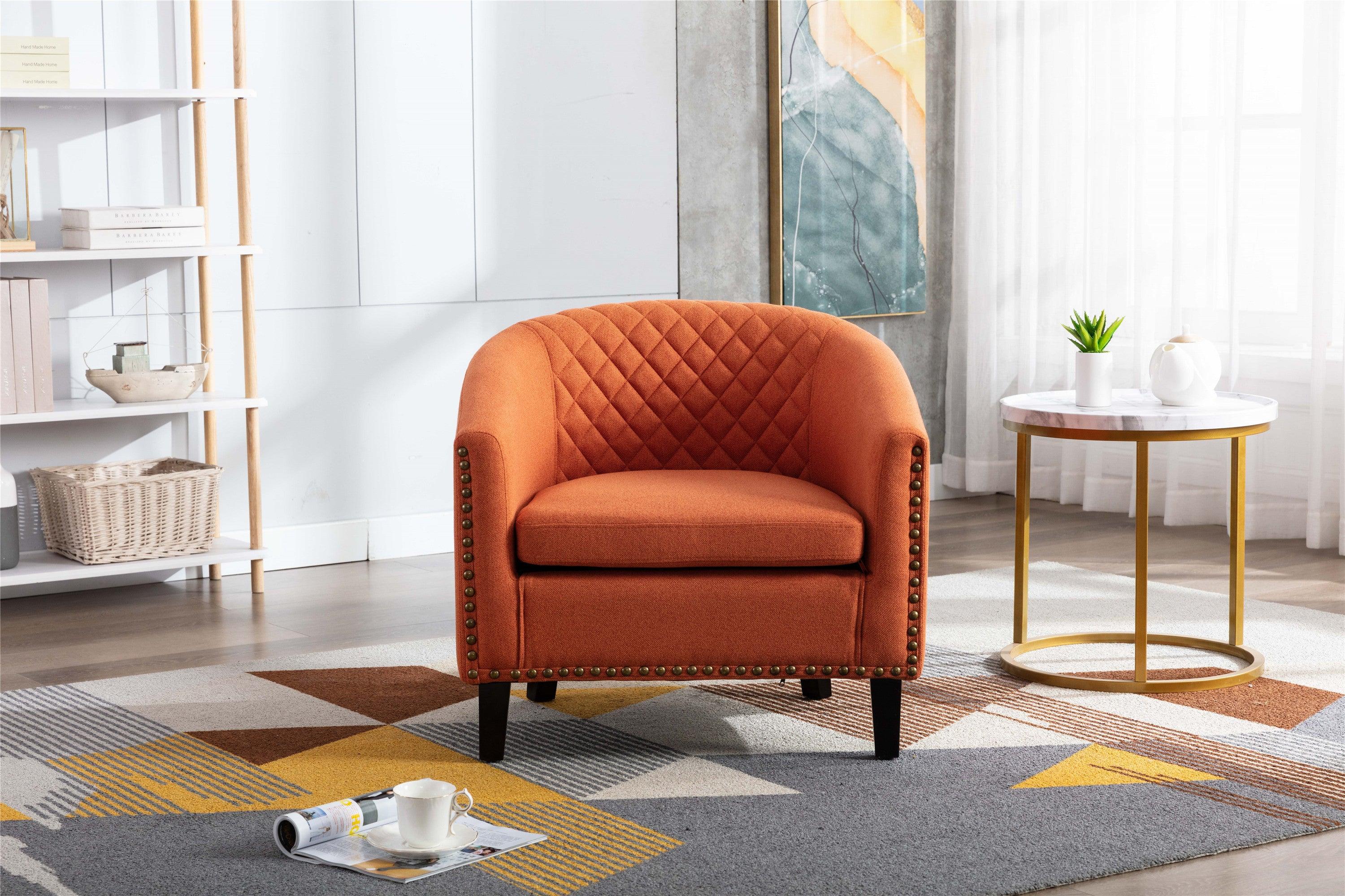 accent Barrel chair living room chair with nailheads and solid wood legs  Orange  linen